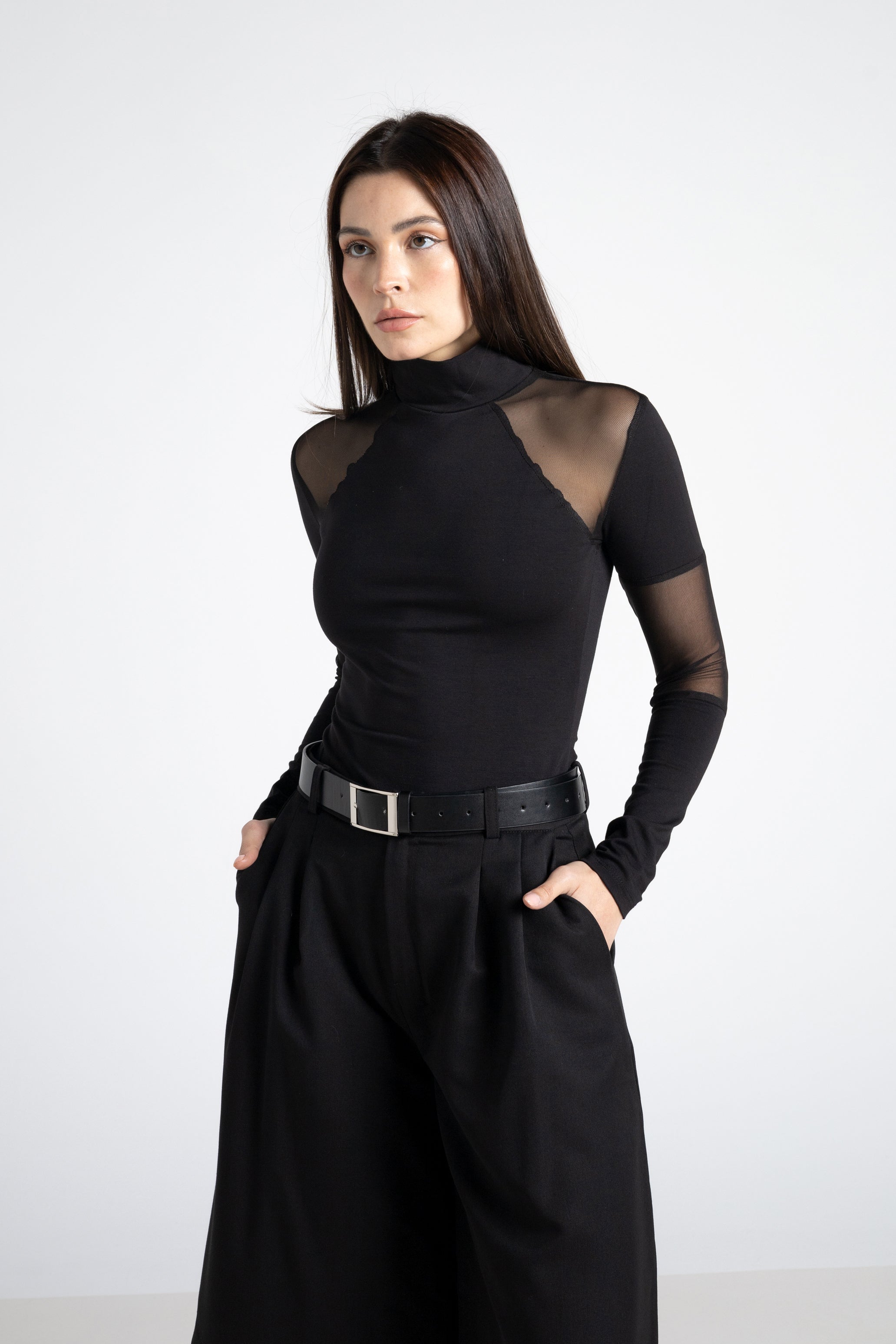 Black sleeve top with mesh details