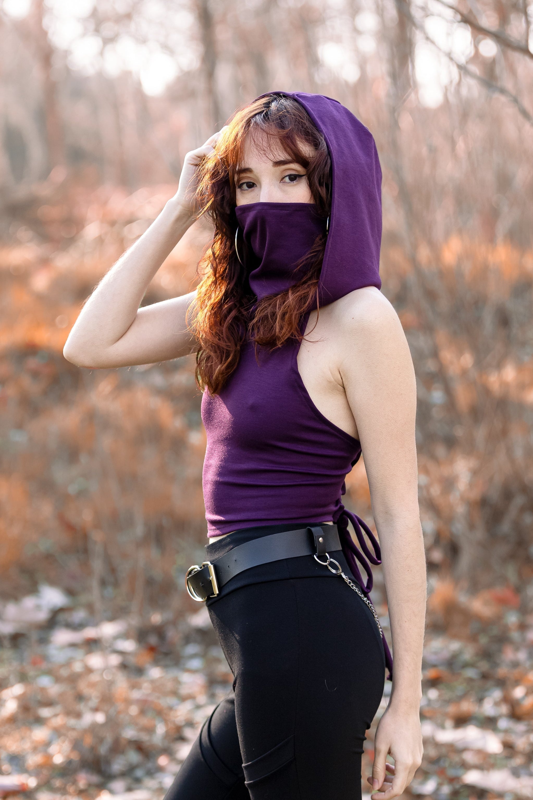 Face mask Plum Hooded black lace-up back crop top