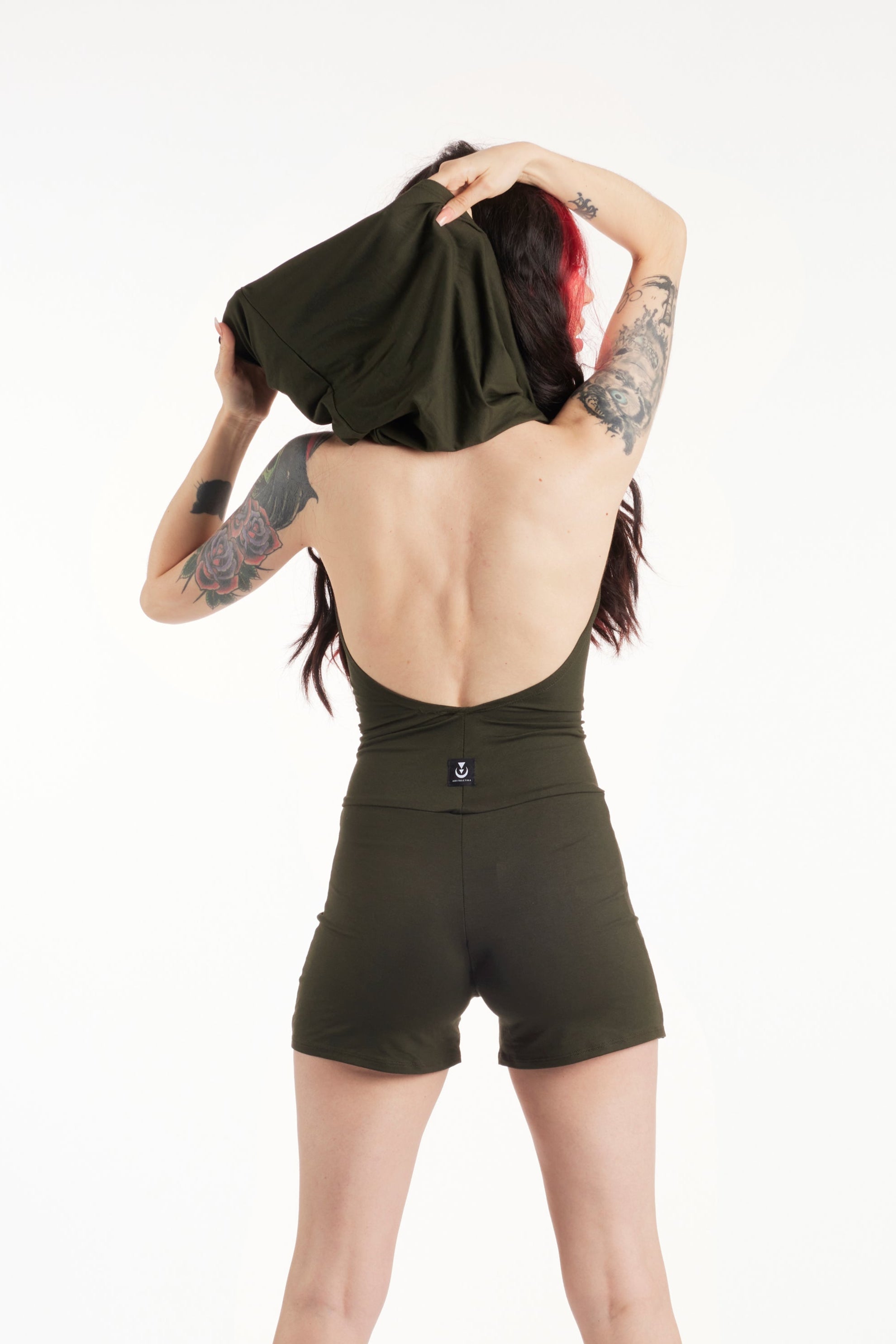 Hooded backless green playsuit – yoga romper