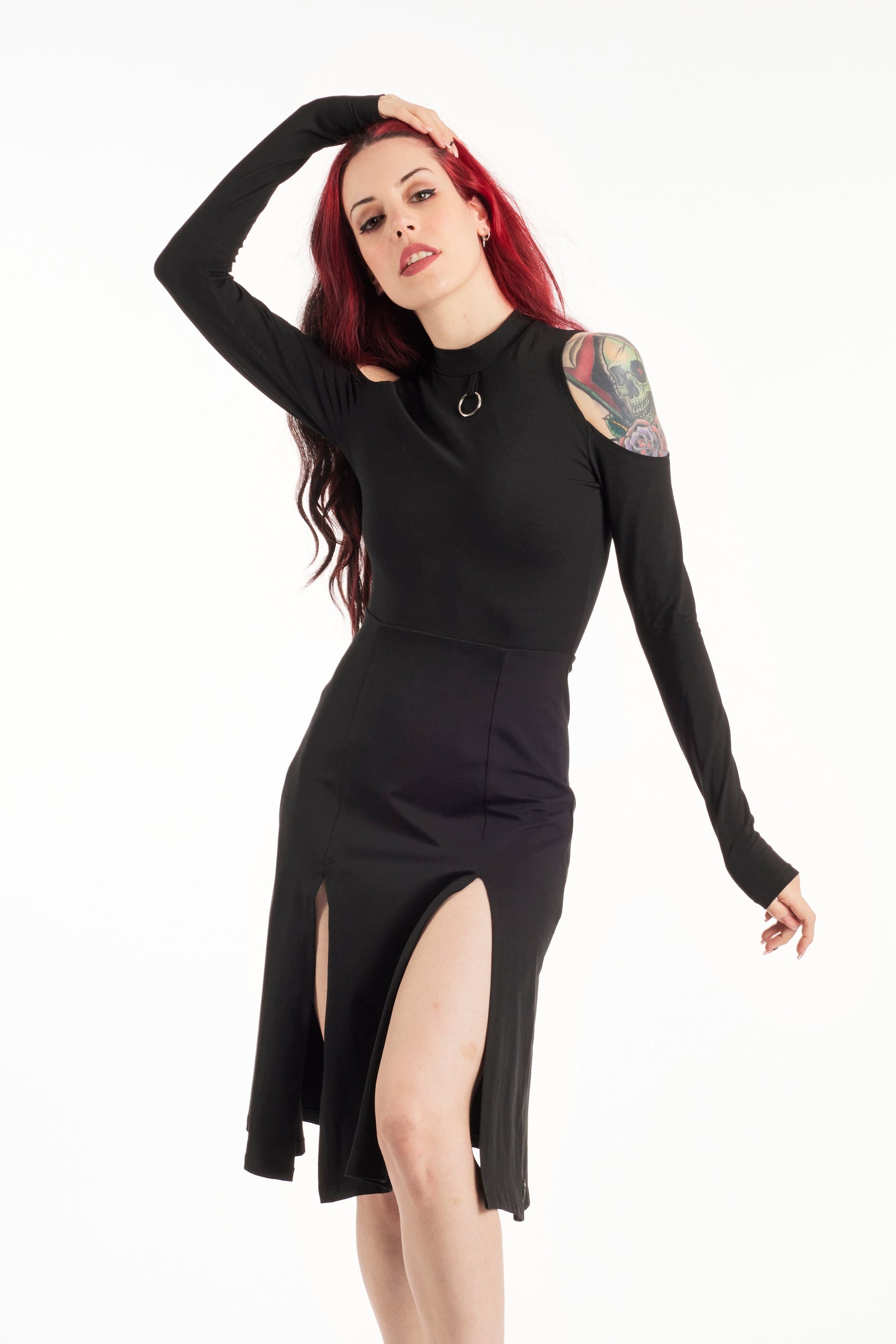 Grunge front slits sleeve midi dress