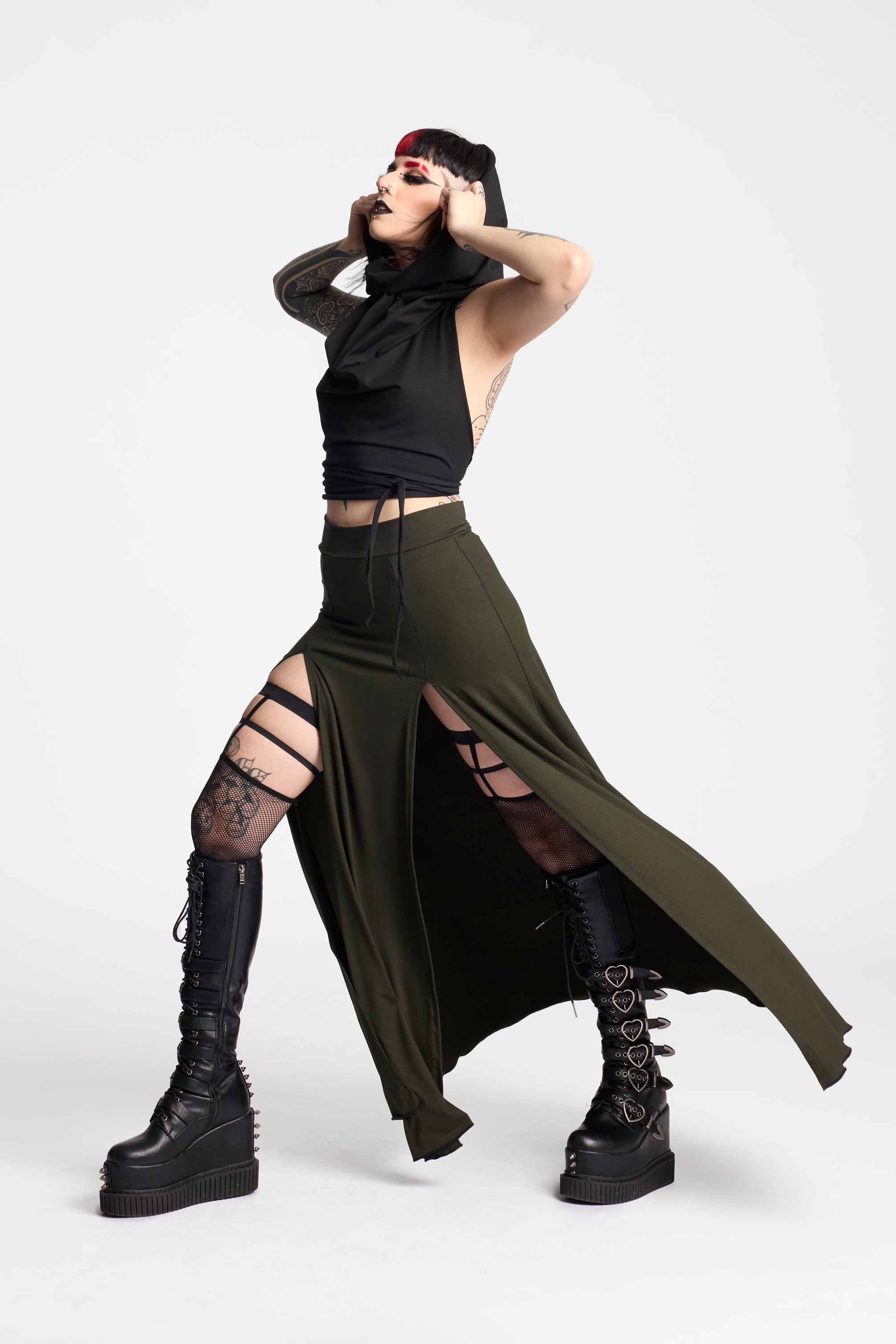 Green Maxi long skirt with double front split