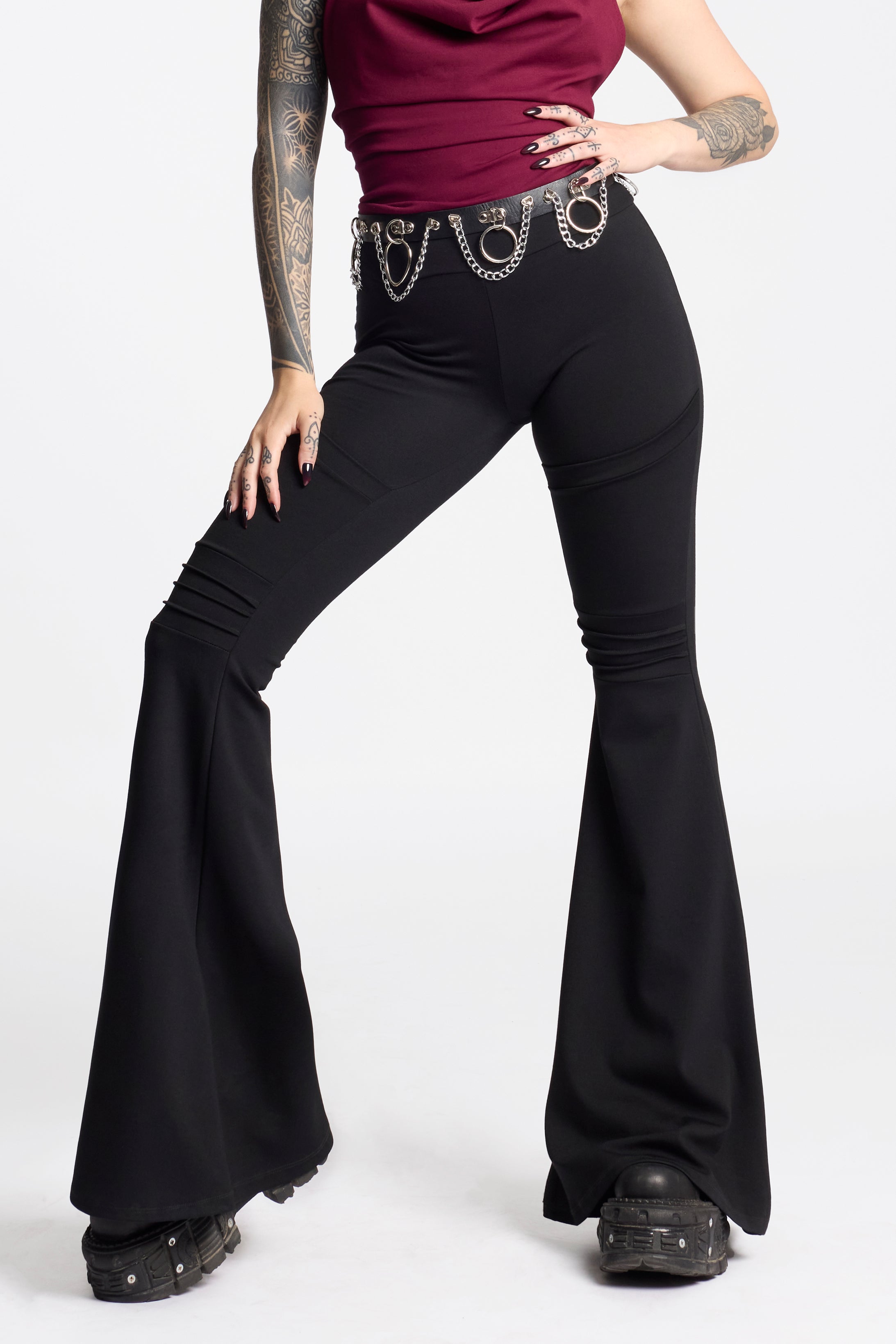 Mid-Waisted Flare Pants with Pockets and Knee Seams