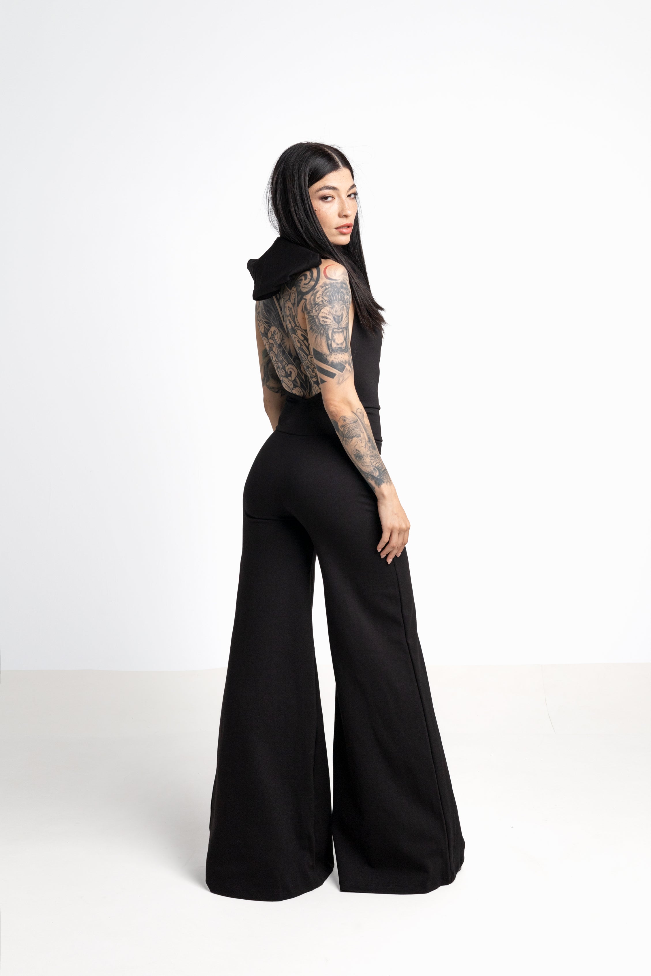 Backless hooded wide leg jumpsuit