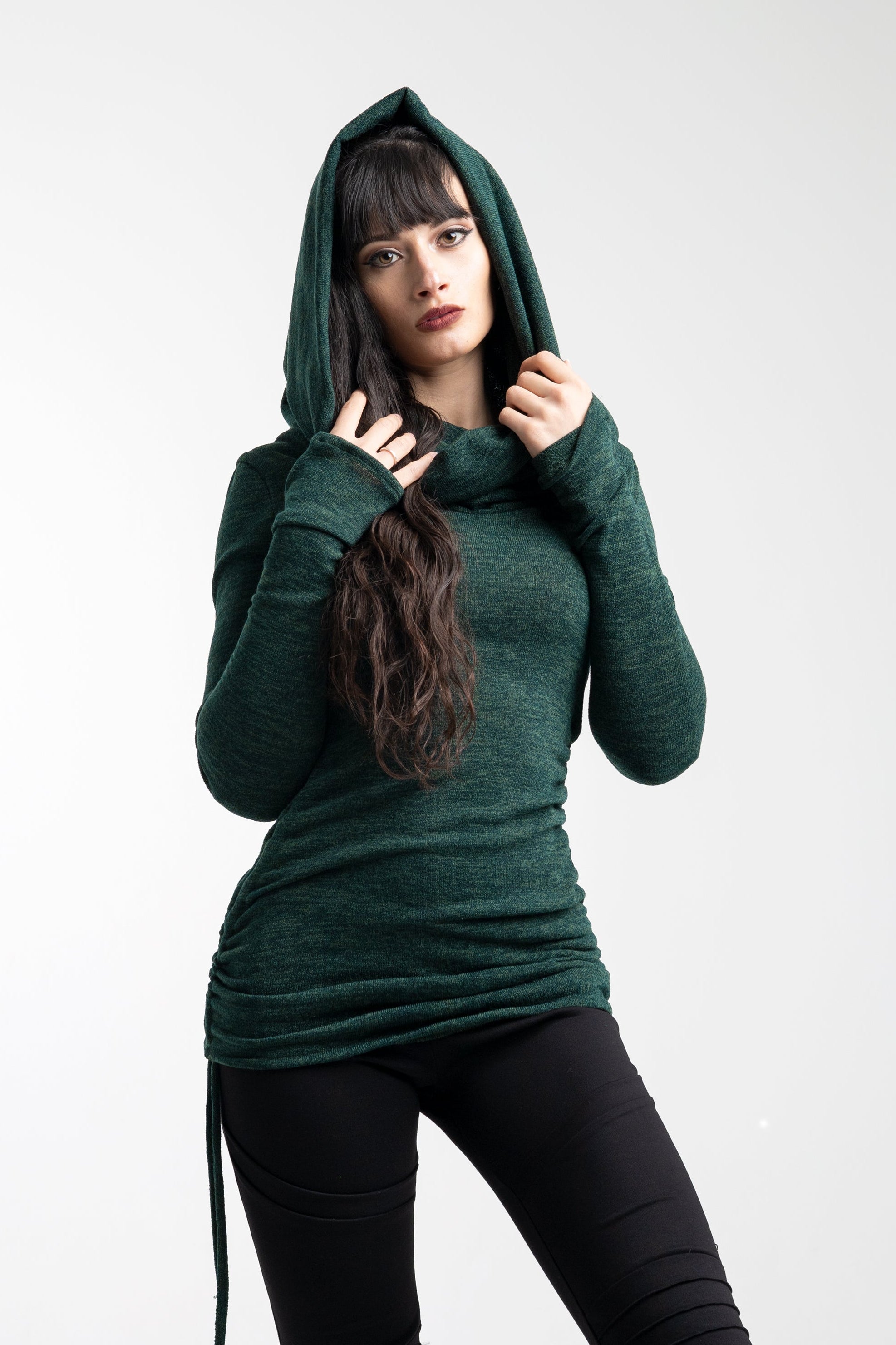 Forest green cowl hooded sweater-dress with adjustable length