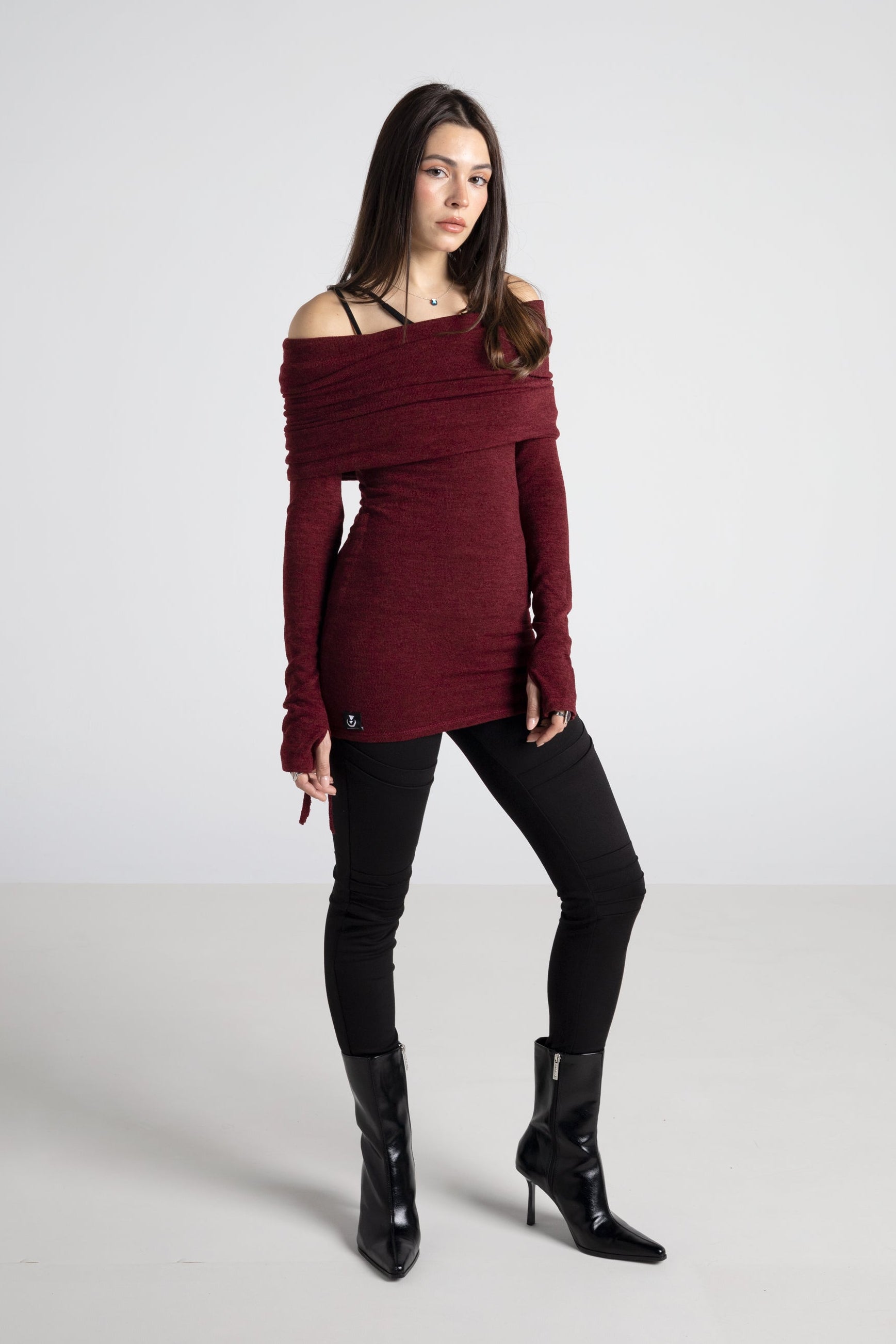 Bordeaux cowl hooded sweater-dress with adjustable length