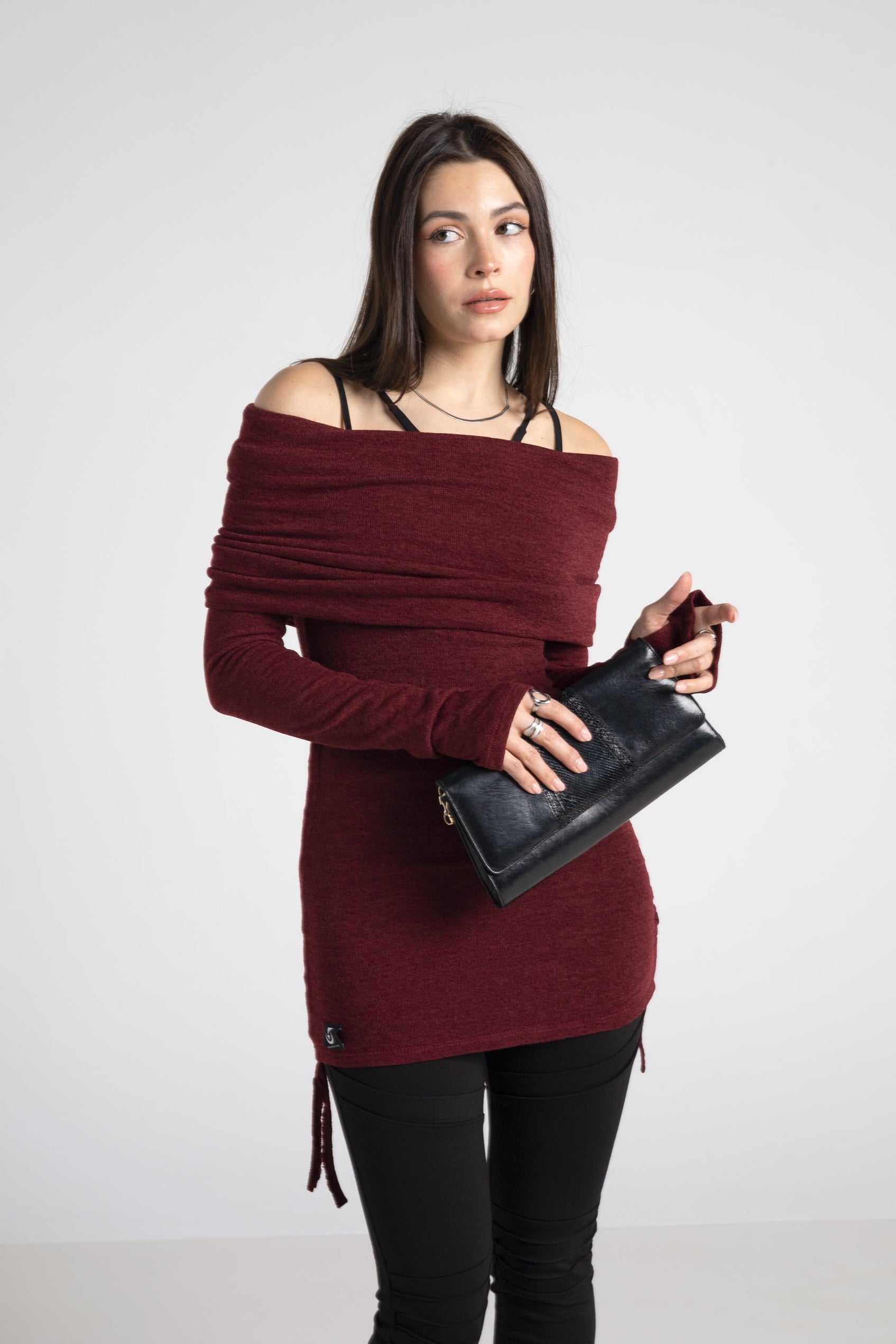Bordeaux cowl hooded sweater-dress with adjustable length
