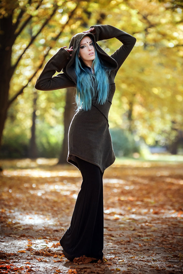 Green Elven Hooded Fleece Coat – Pixie jacket with Maxi Hood