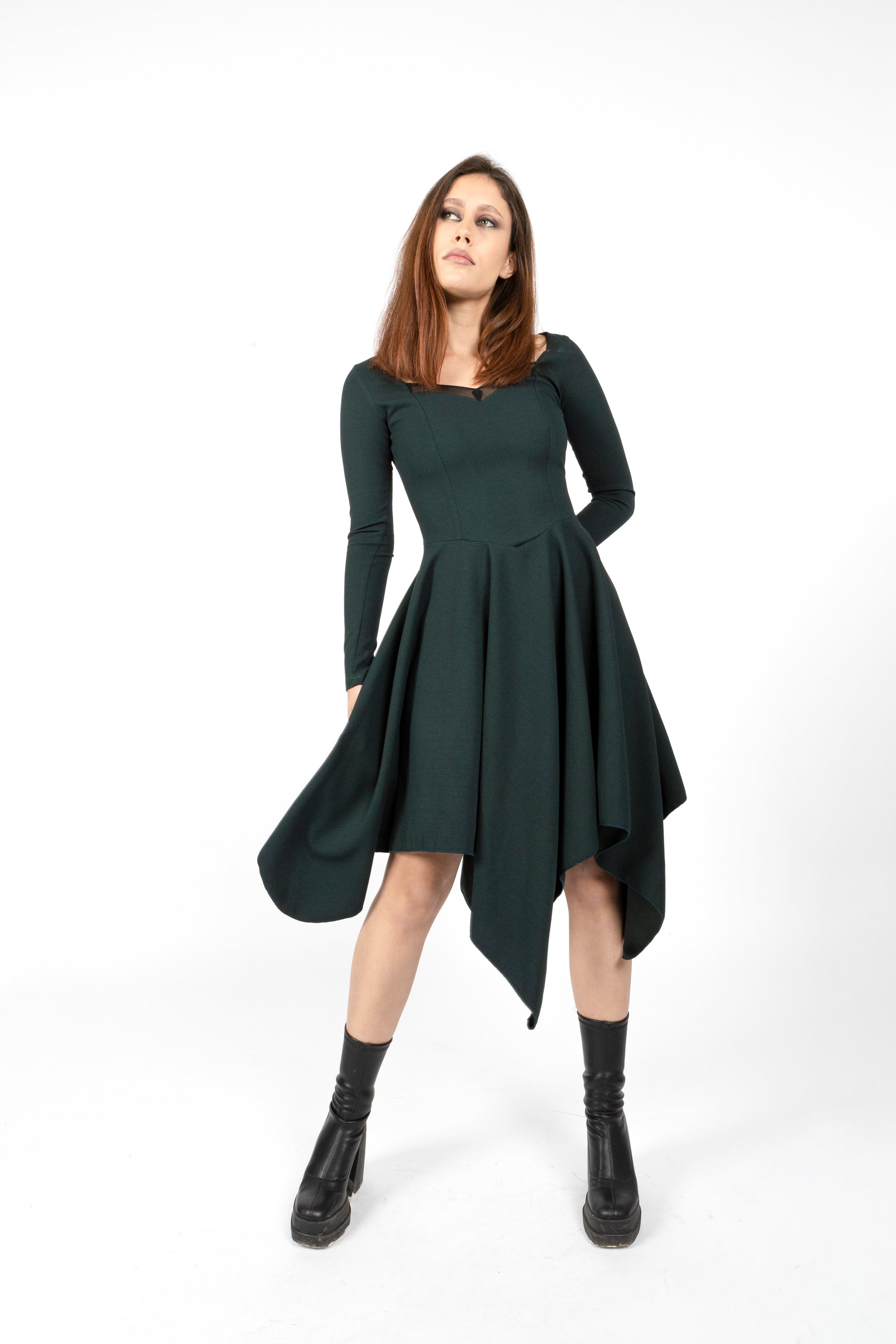 Teal coset asymmetric sleeve dress