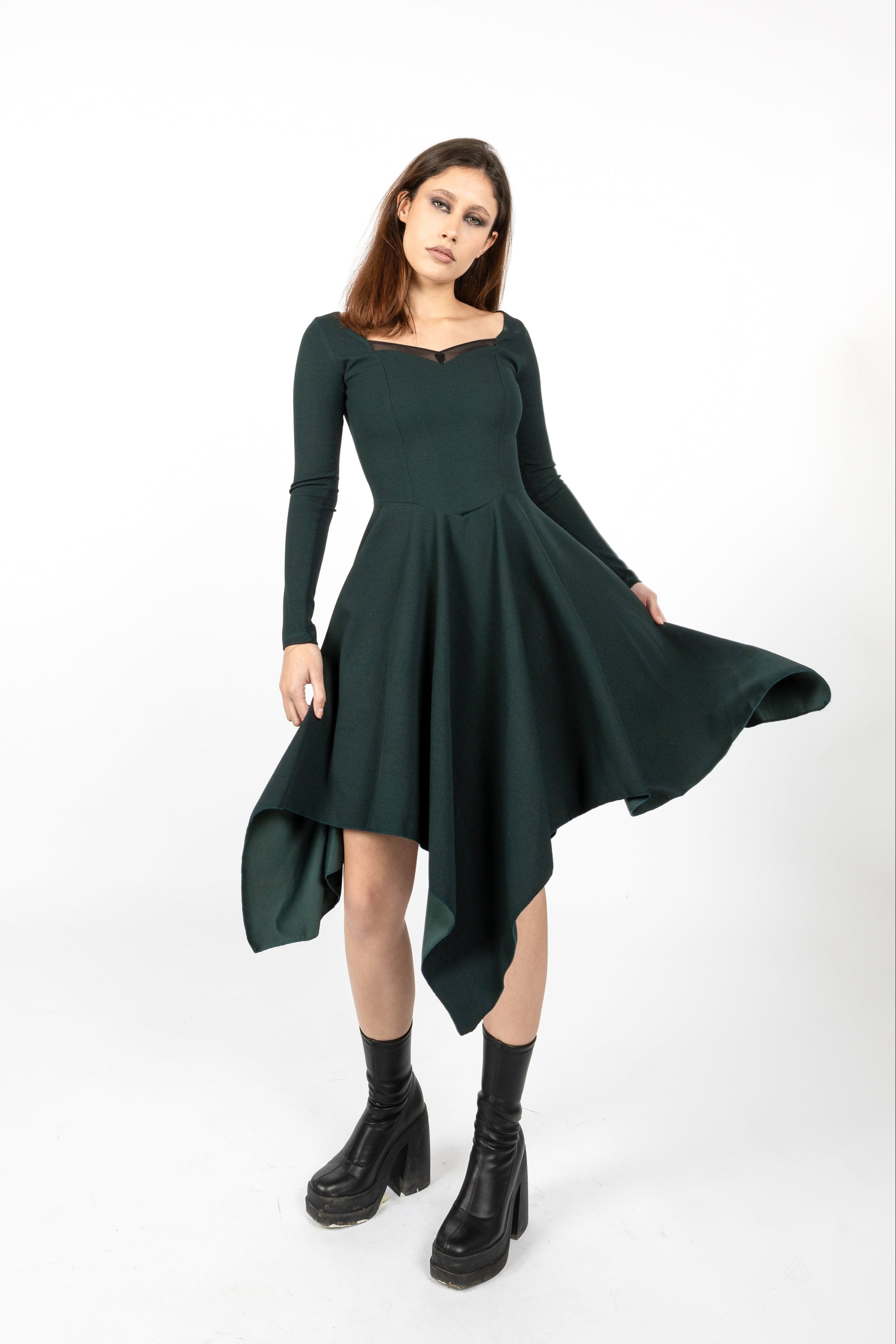 Teal coset asymmetric sleeve dress