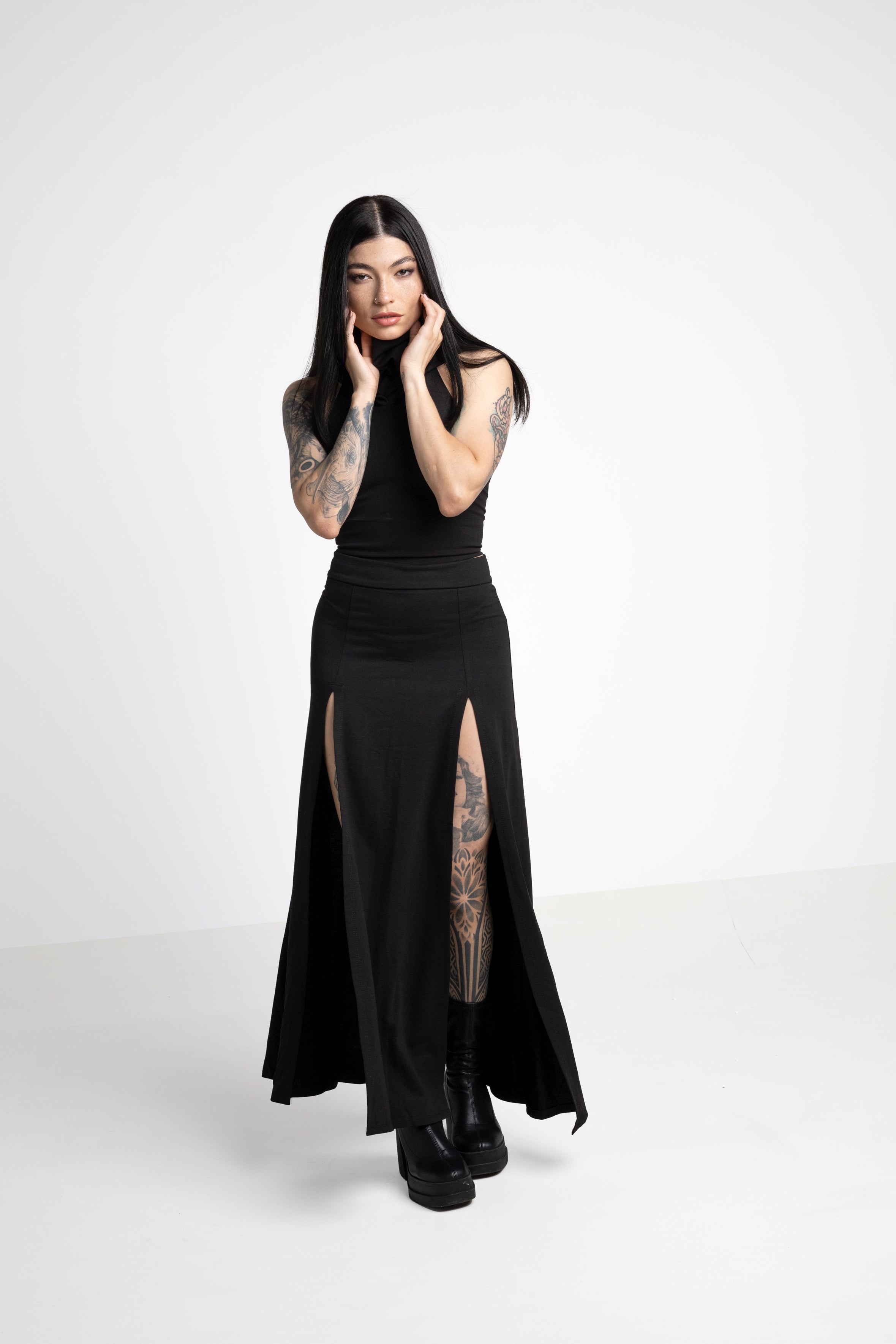 Black Maxi long skirt with double front split