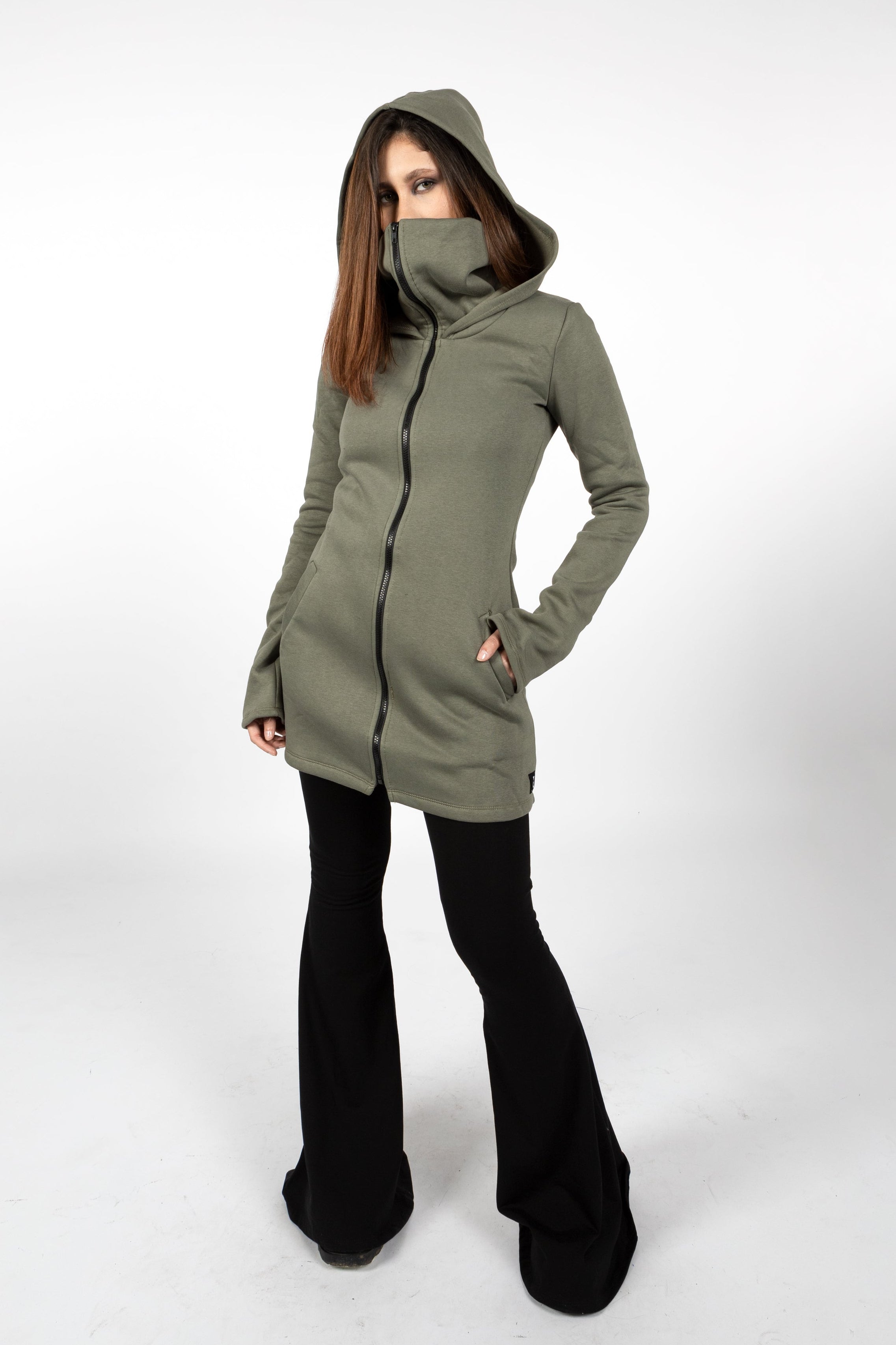 Green Elven Zipper Sweatshirt Coat with Hood & Face Mask