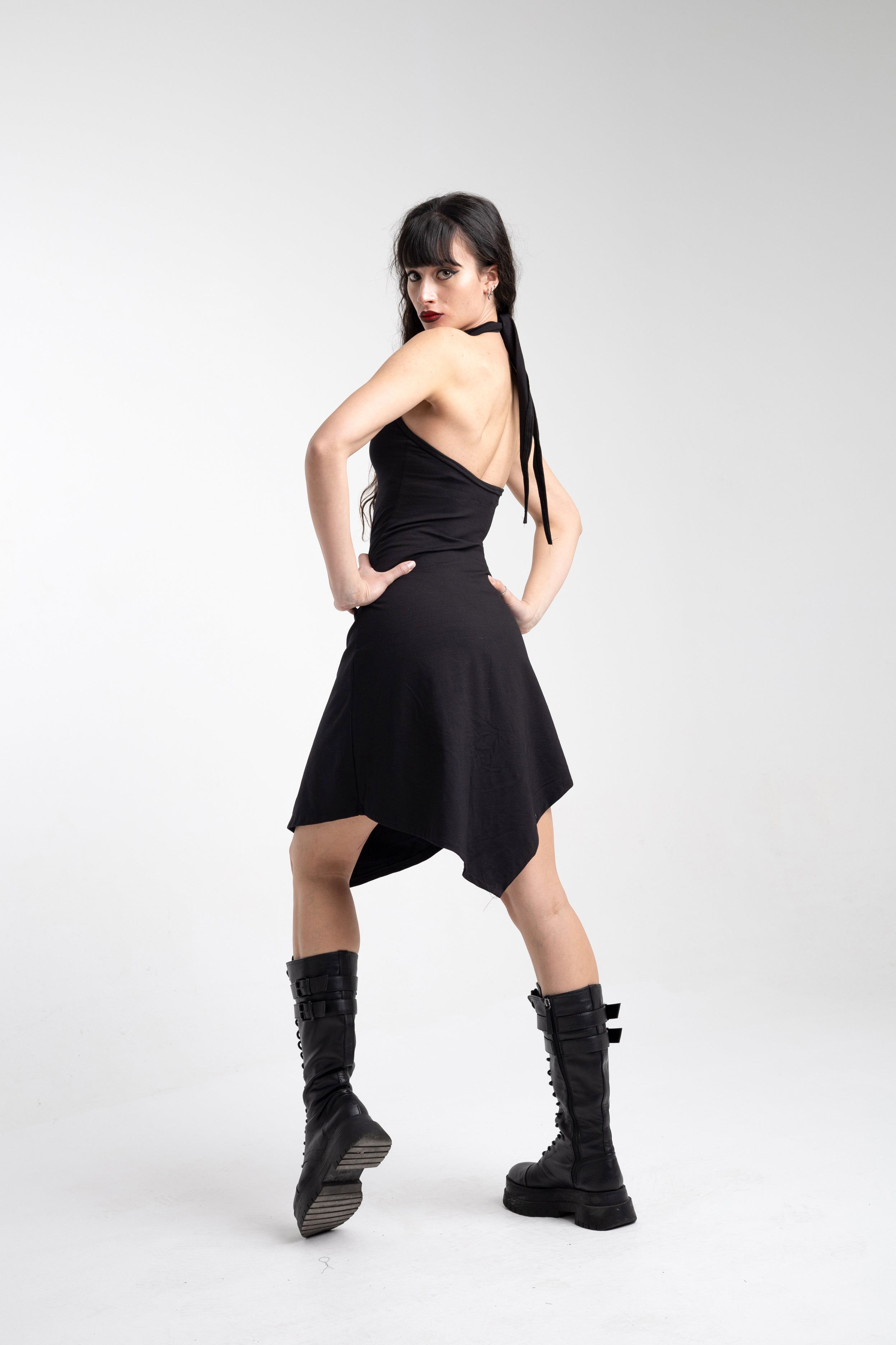 Backless Asymmetrical Gothic Black Halter Neck midi Dress