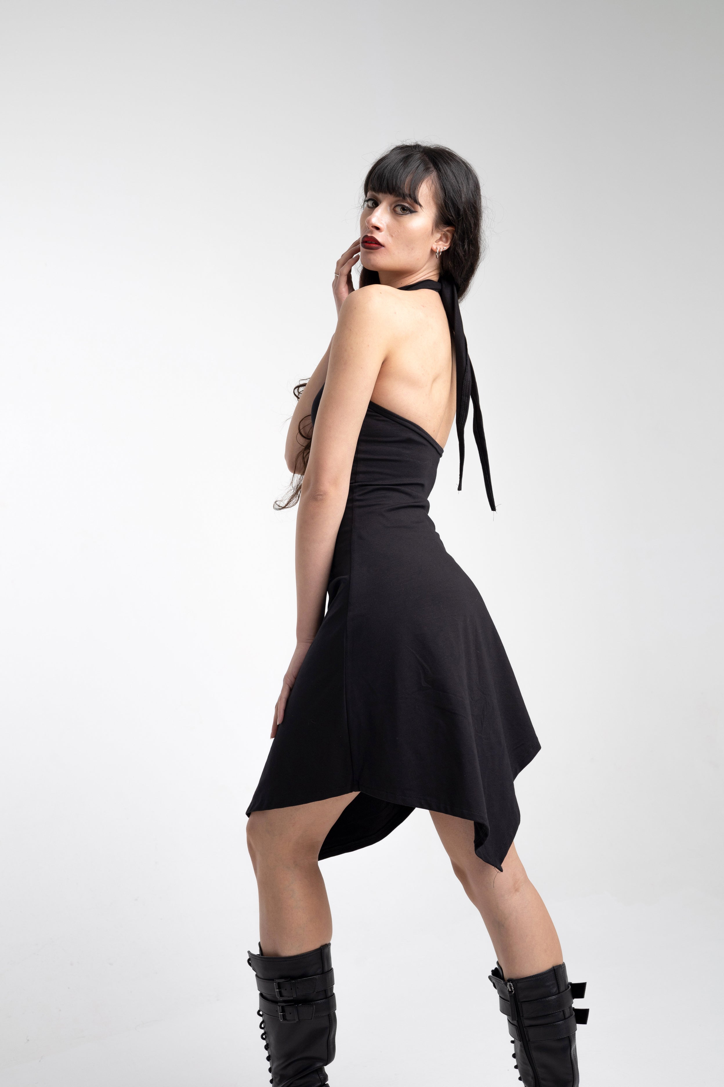 Backless Asymmetrical Gothic Black Halter Neck midi Dress