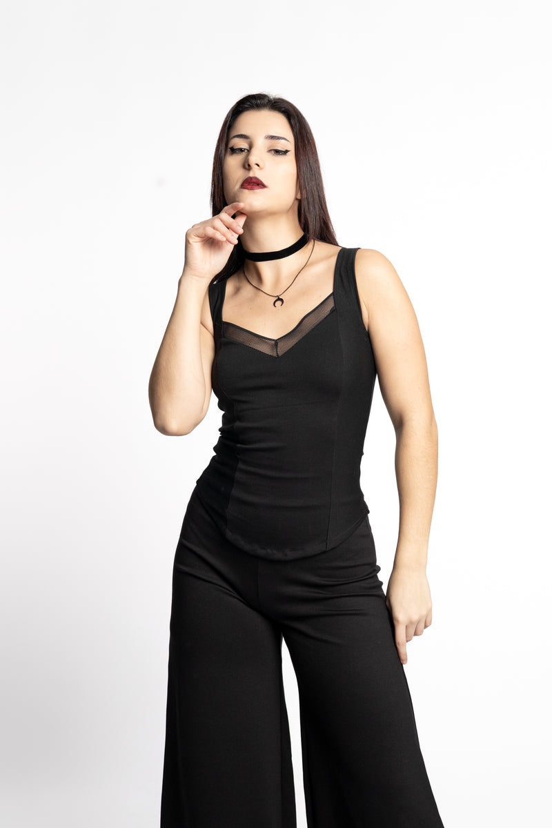 Black Sleeveless Coset top. Square neck mesh top