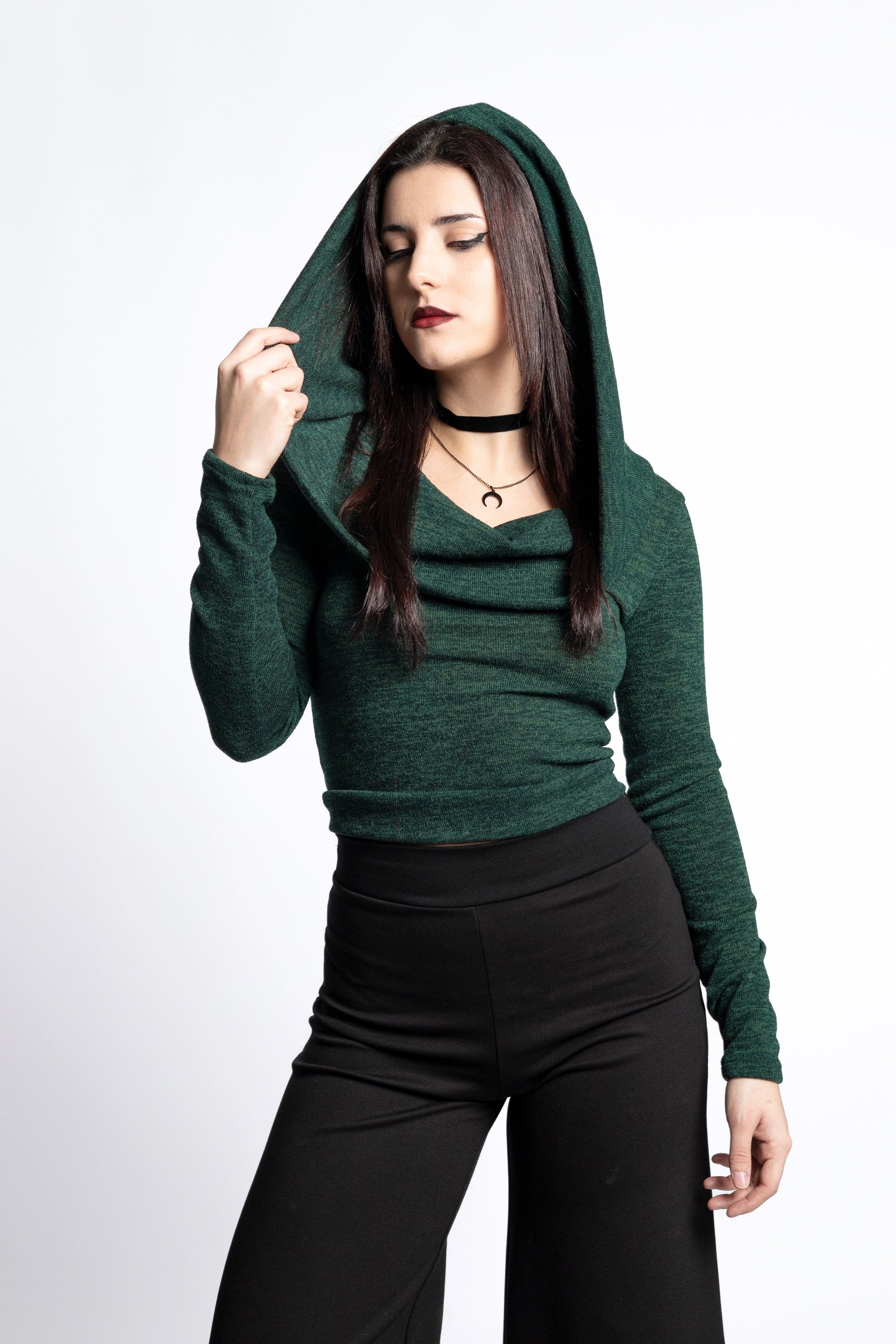 Emerald green Cowl Hooded sleeve fairy crop top