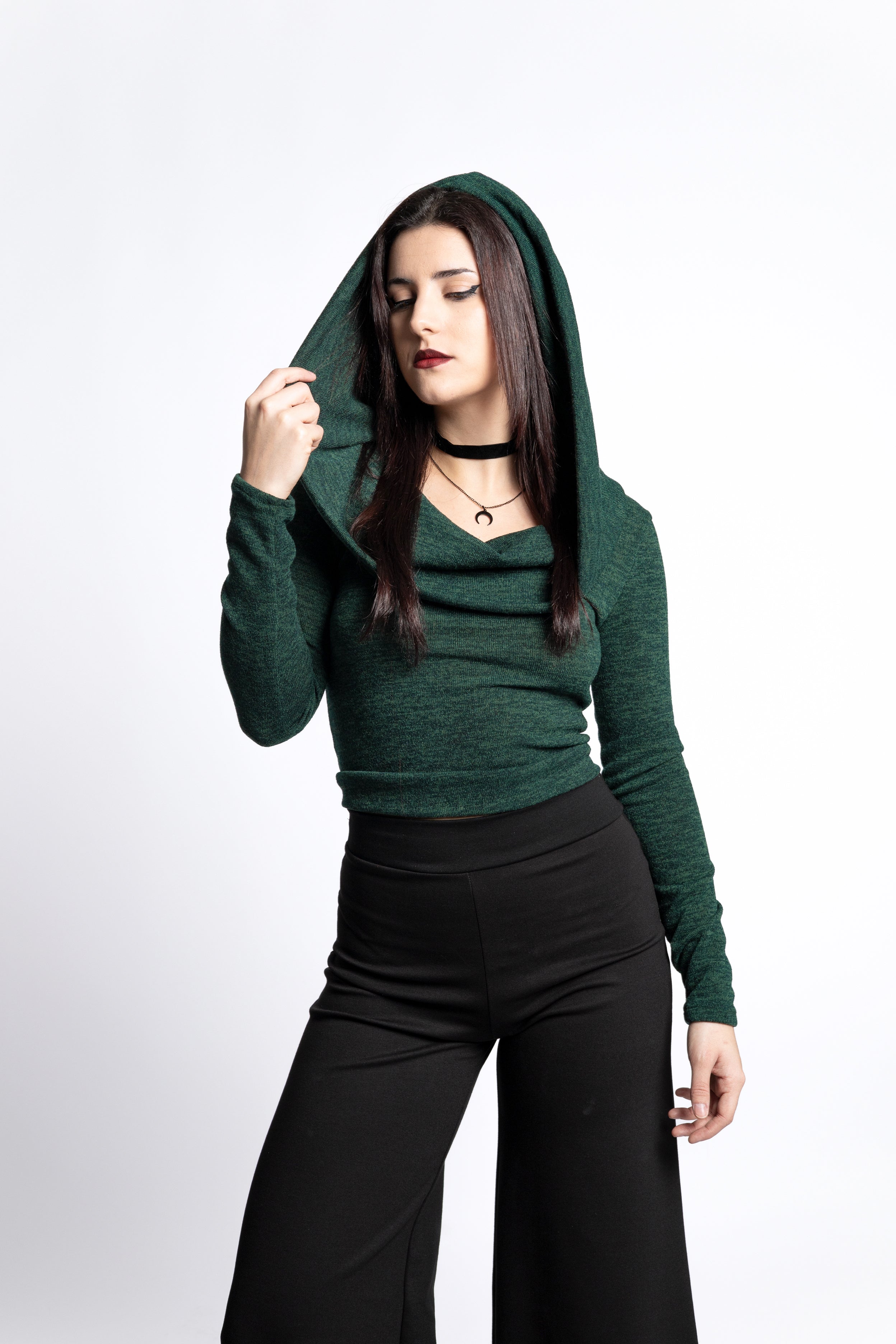 Emerald green Cowl Hooded sleeve fairy crop top
