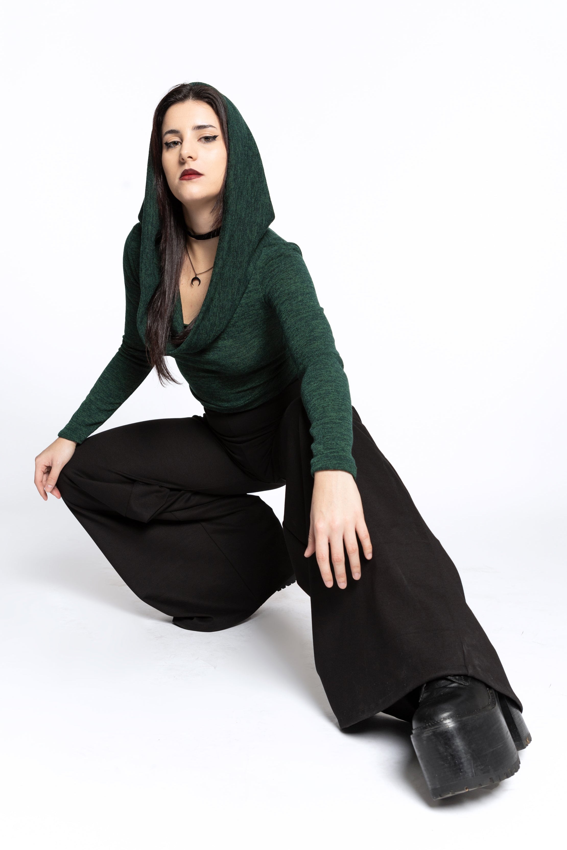 Emerald green Cowl Hooded sleeve fairy crop top