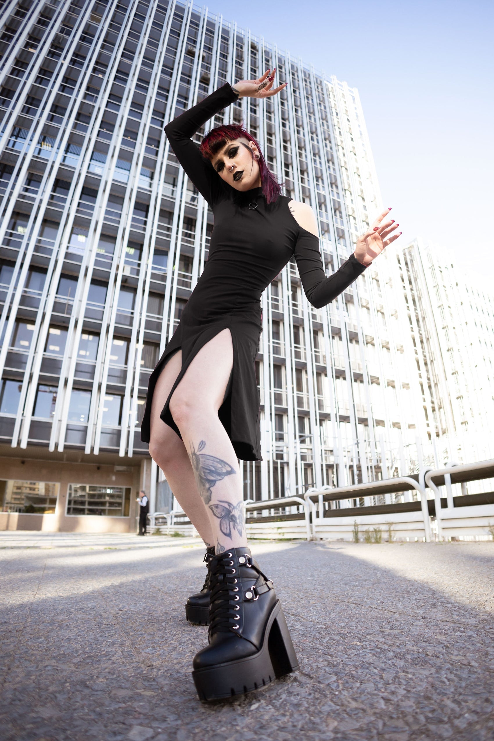 Black midi front slits cold shoulder sleeve grunge dress