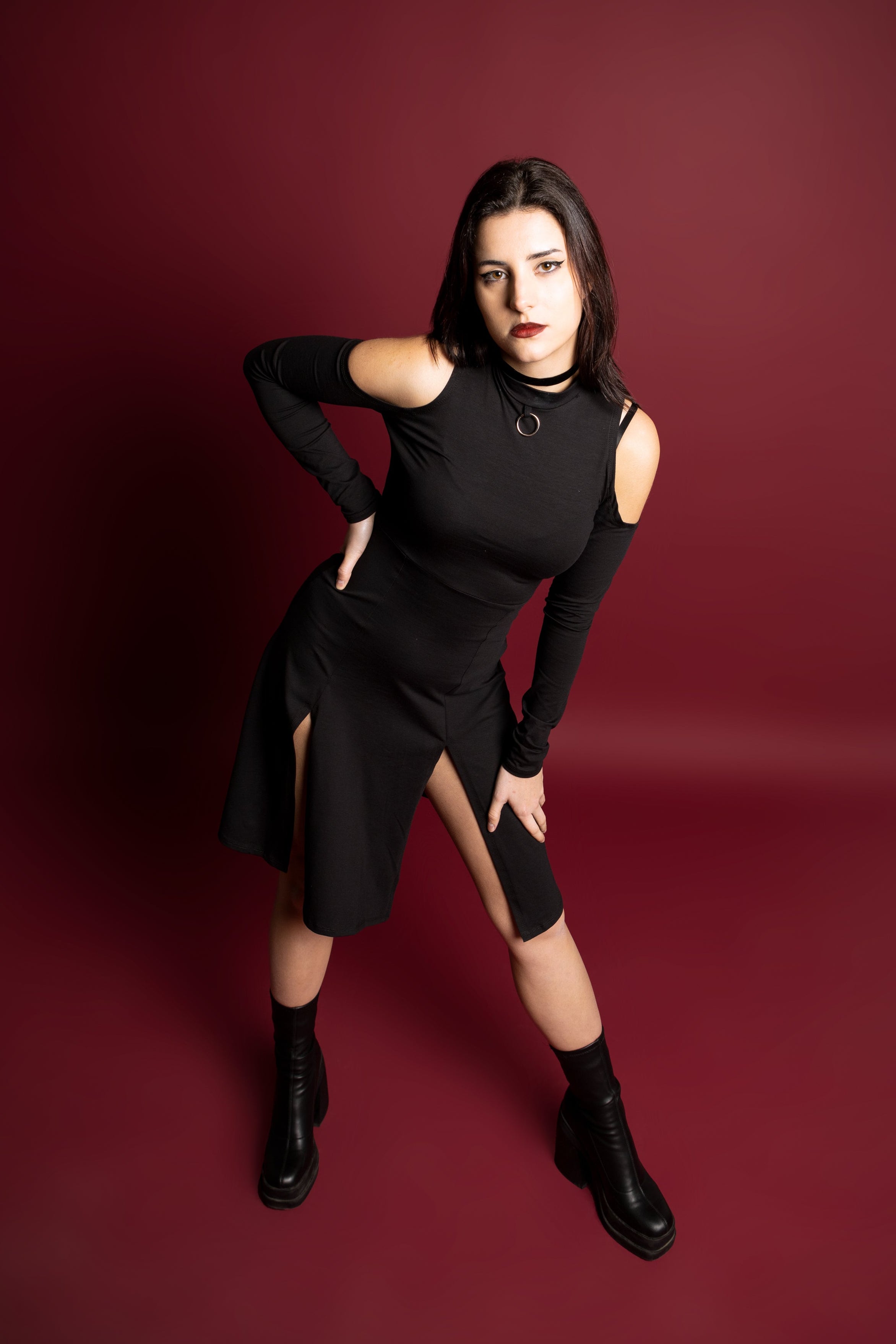 Grunge front slits sleeve midi dress