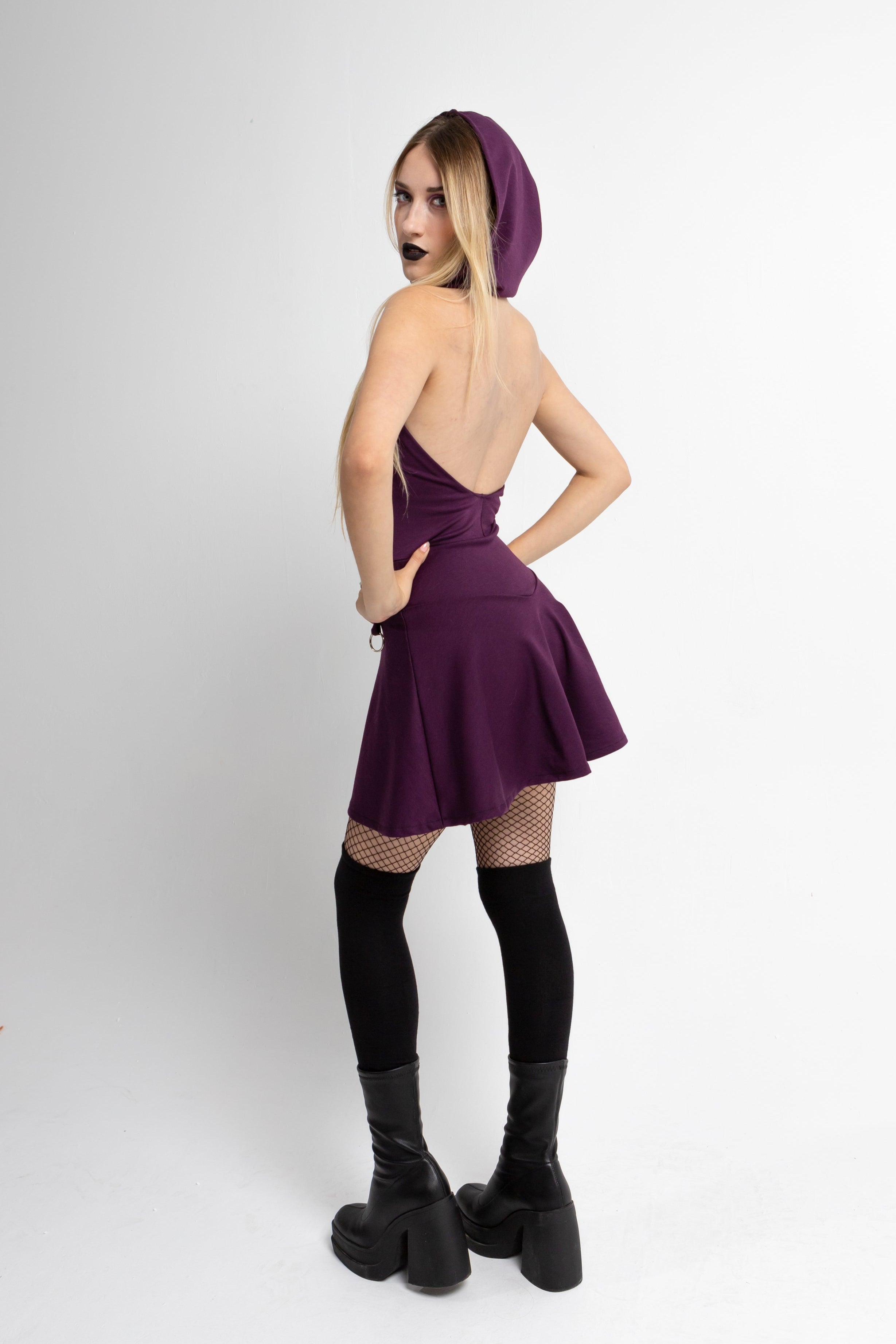 Purple Backless festival hooded mini elven dress