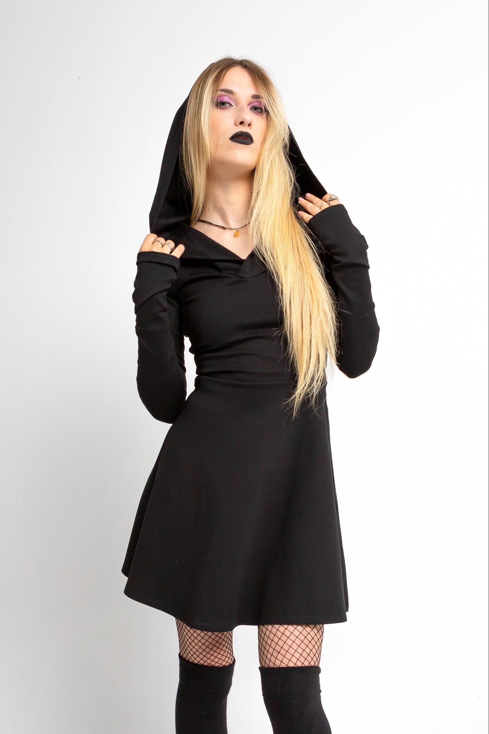 Lilith hooded skater dress with long sleeve and thumbholes