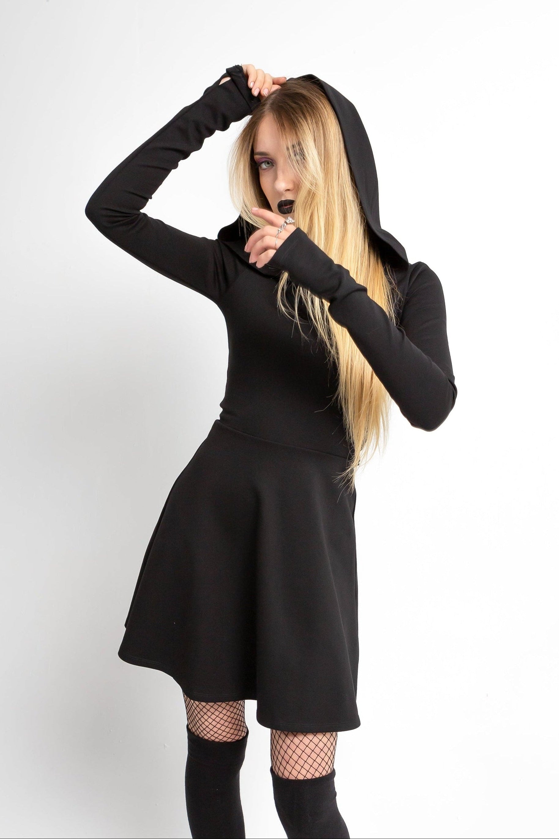 Lilith hooded skater dress with long sleeve and thumbholes