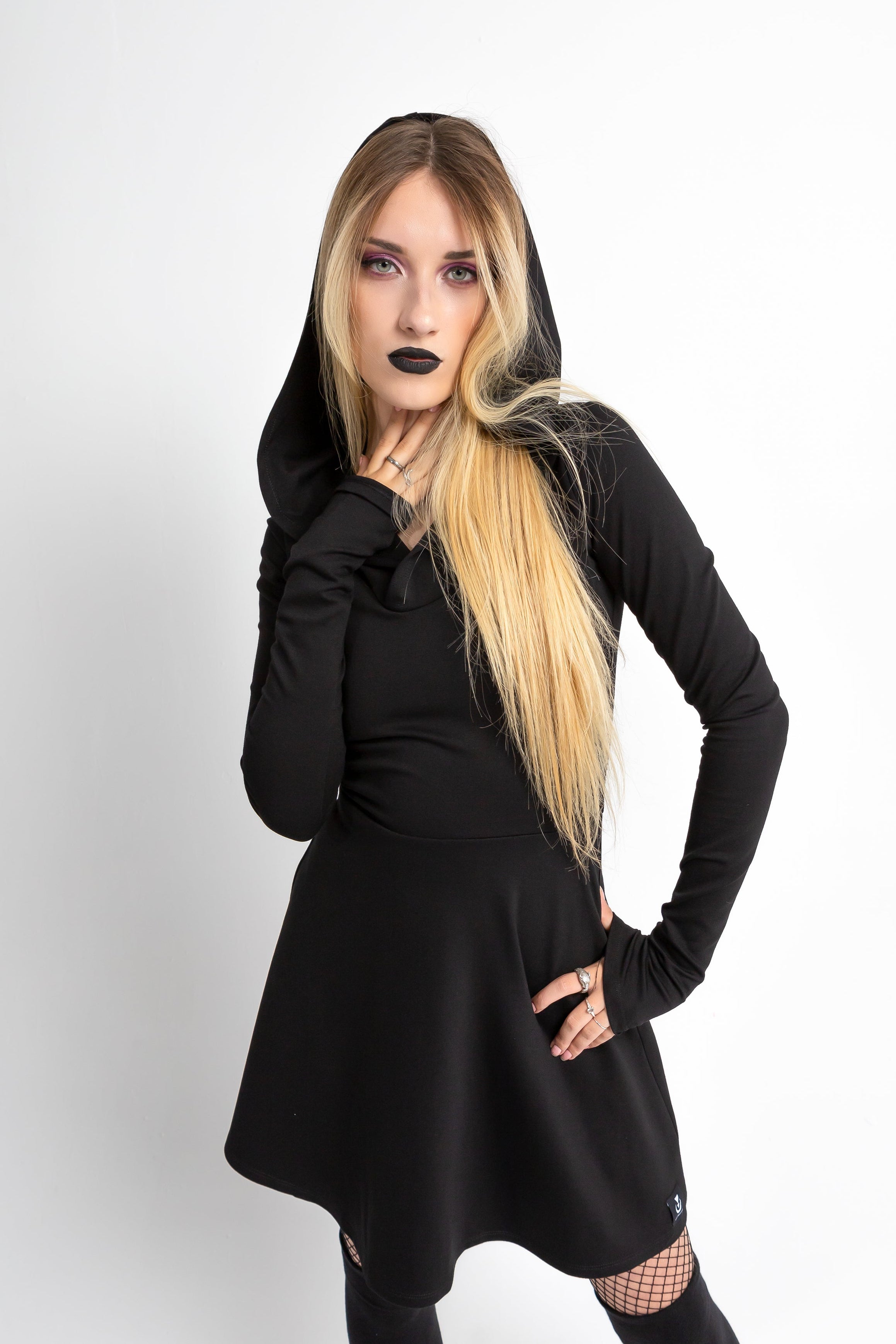 Lilith hooded skater dress with long sleeve and thumbholes