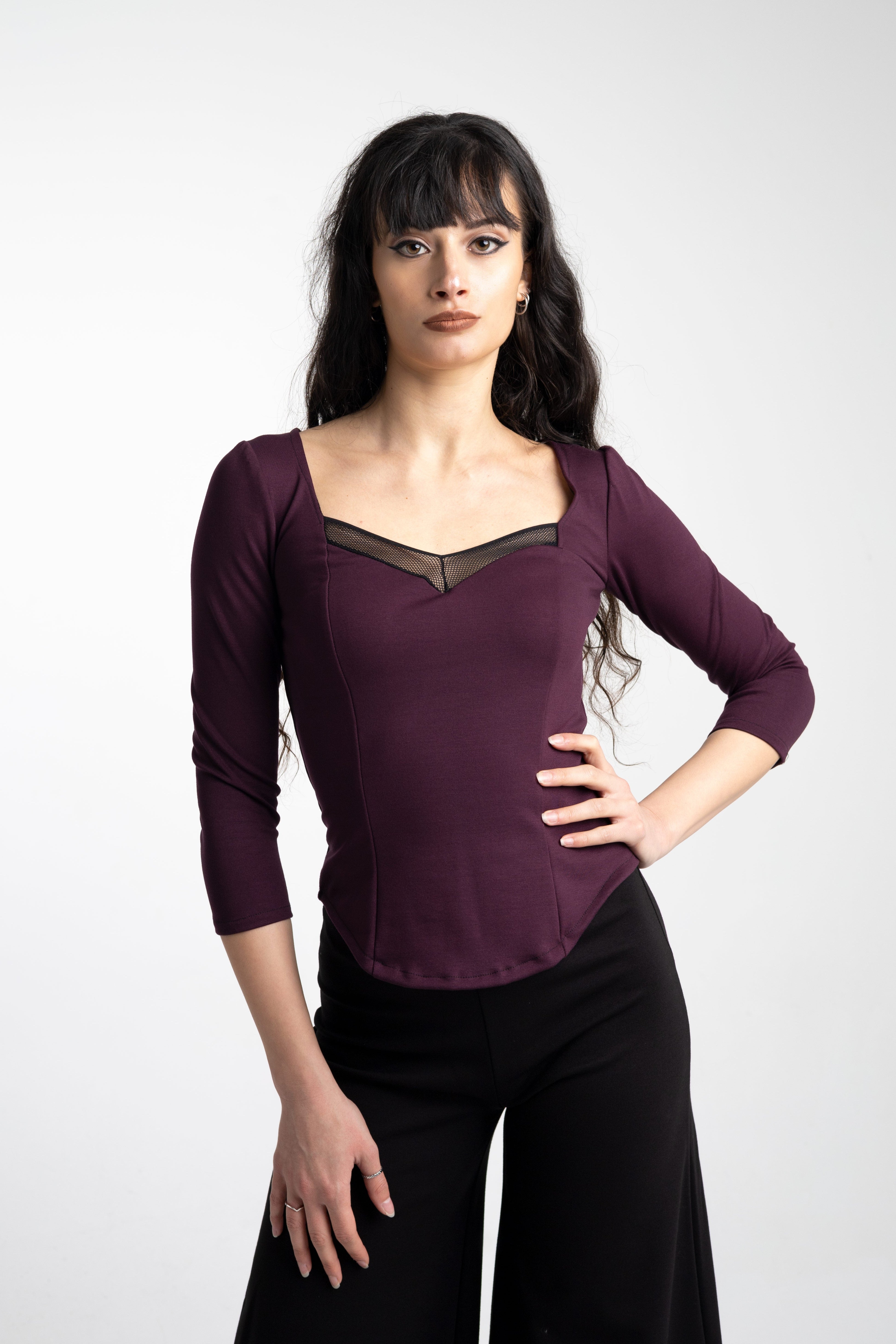 Plum 3/4 sleeve goth Coset top. Pin-up Square neck mesh top