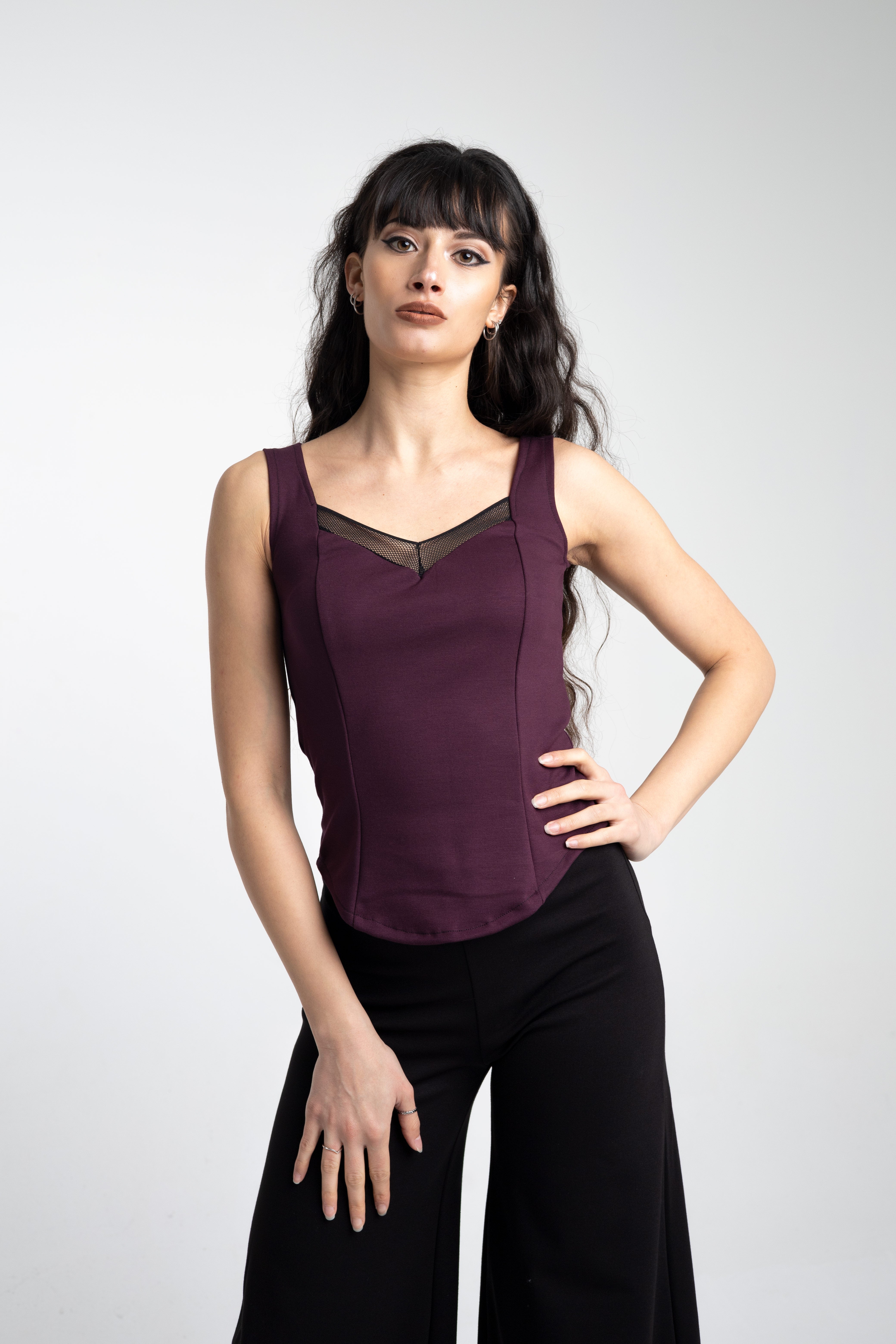 Plum Sleeveless Coset top. Square neck mesh top