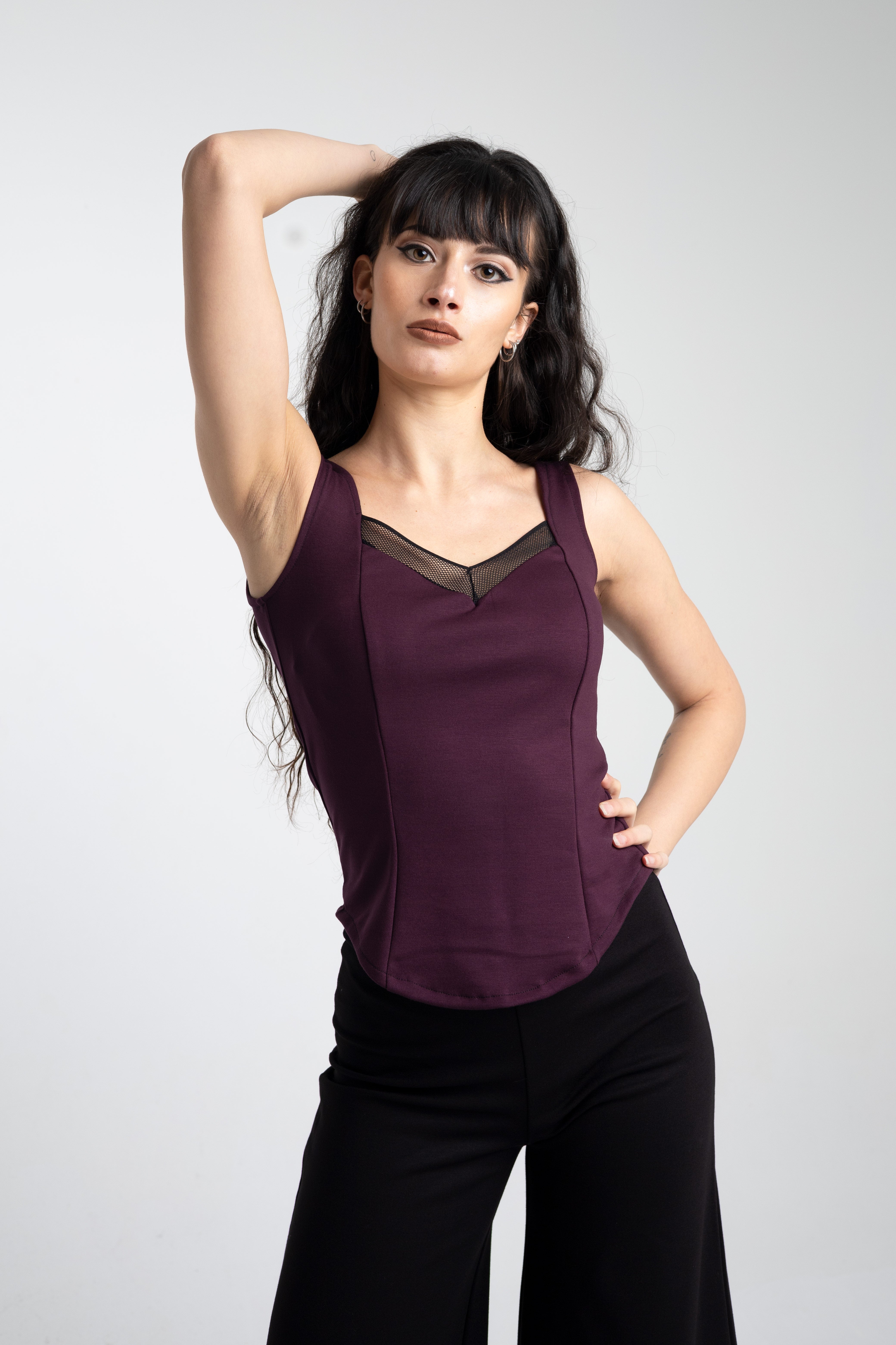 Plum Sleeveless Coset top. Square neck mesh top