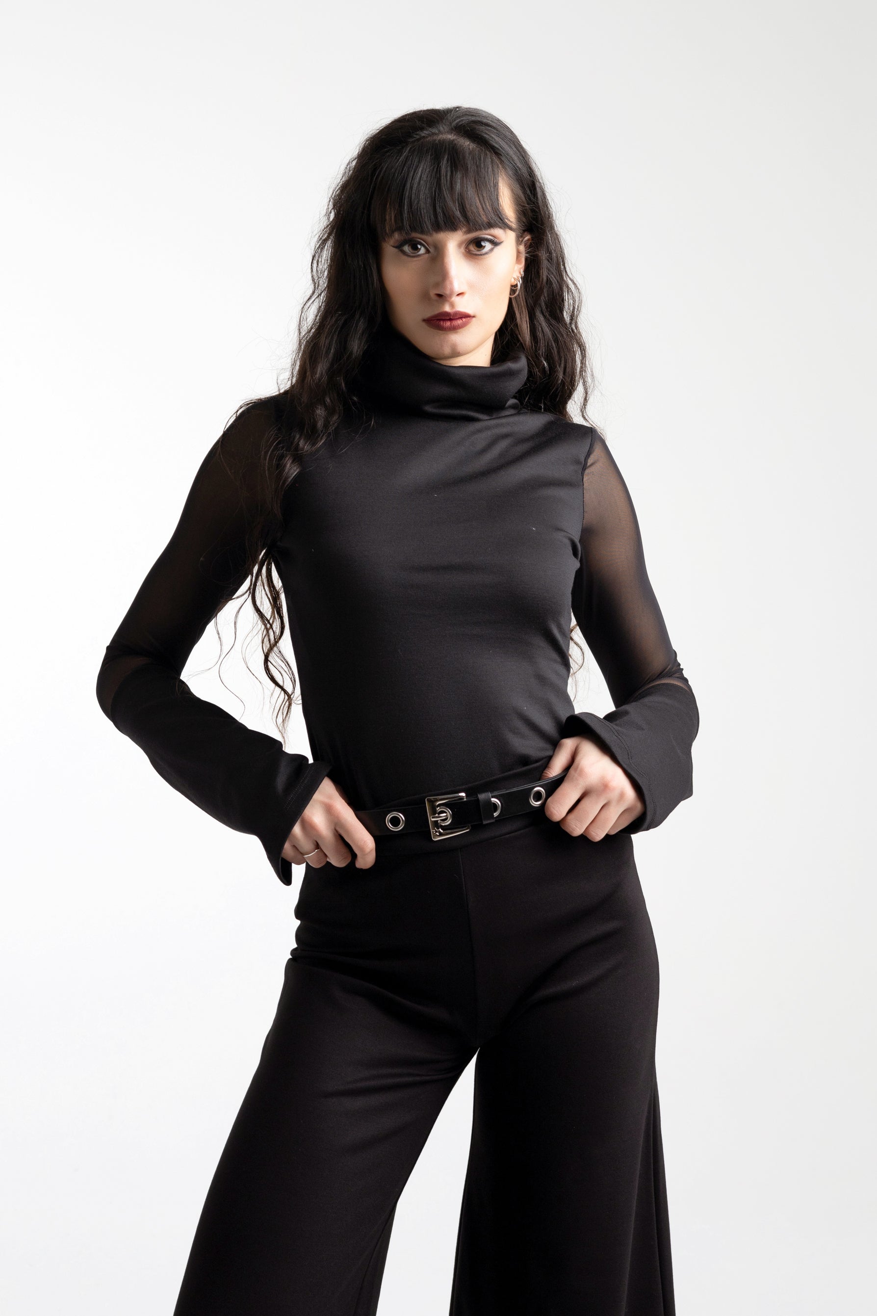 Mesh turtle neck long sleeve top