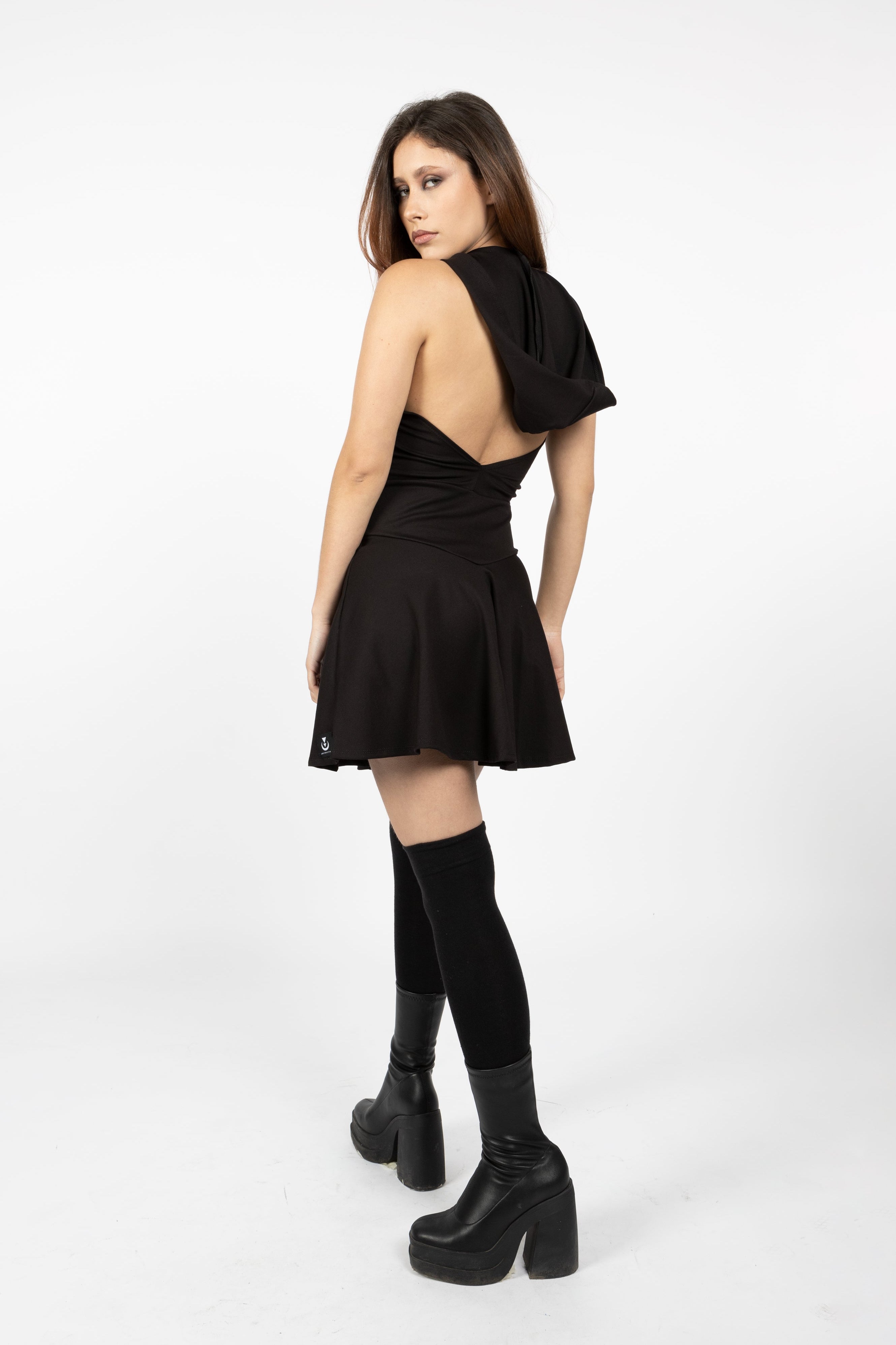 Black Backless festival hooded mini tenis dress