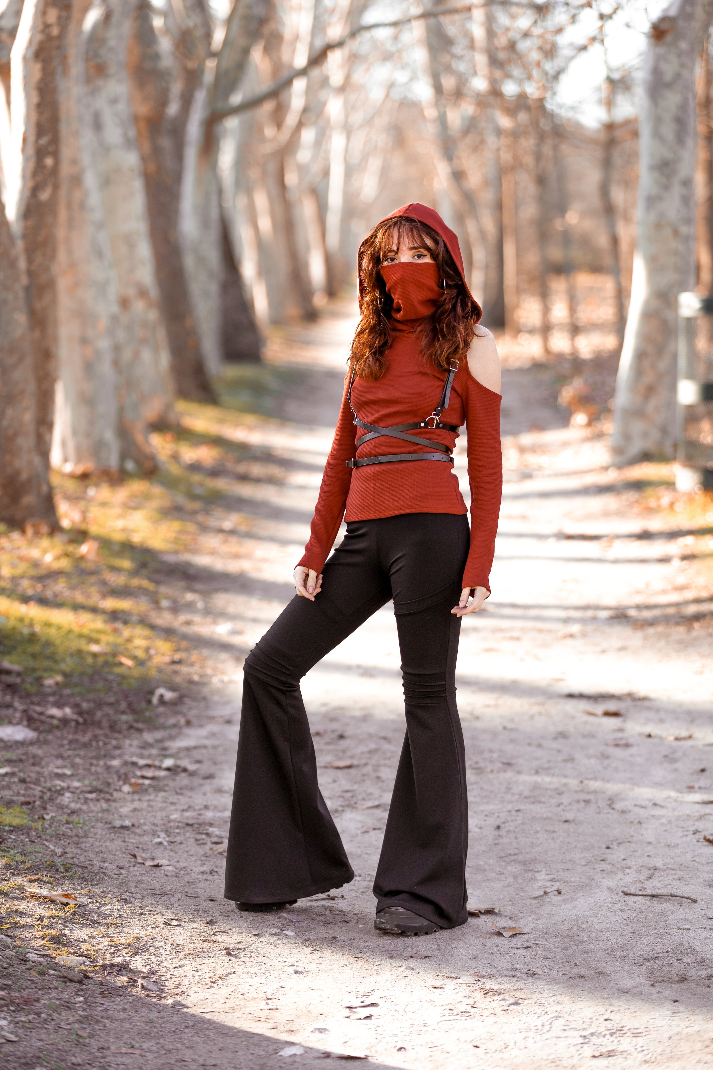 Rust Orange Elven Hoodie with Face Mask – Festival Pixie Long Sleeve Top