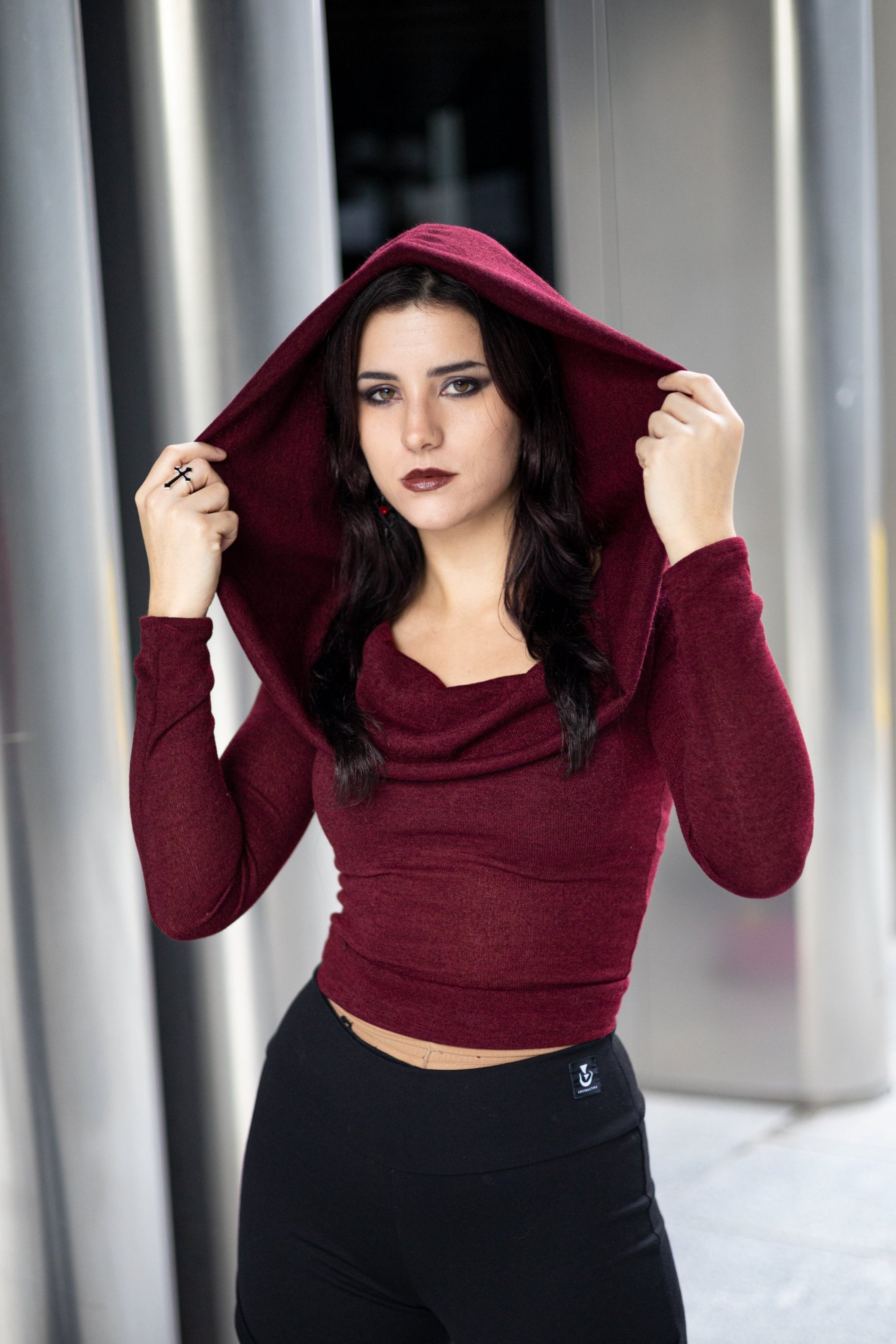 Burgundy Cowl Hooded sleeve crop top