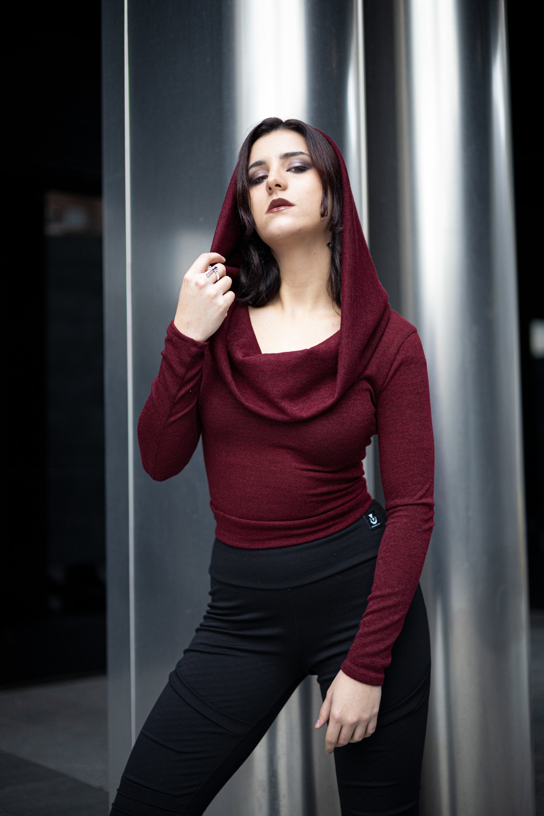 Burgundy Cowl Hooded sleeve crop top