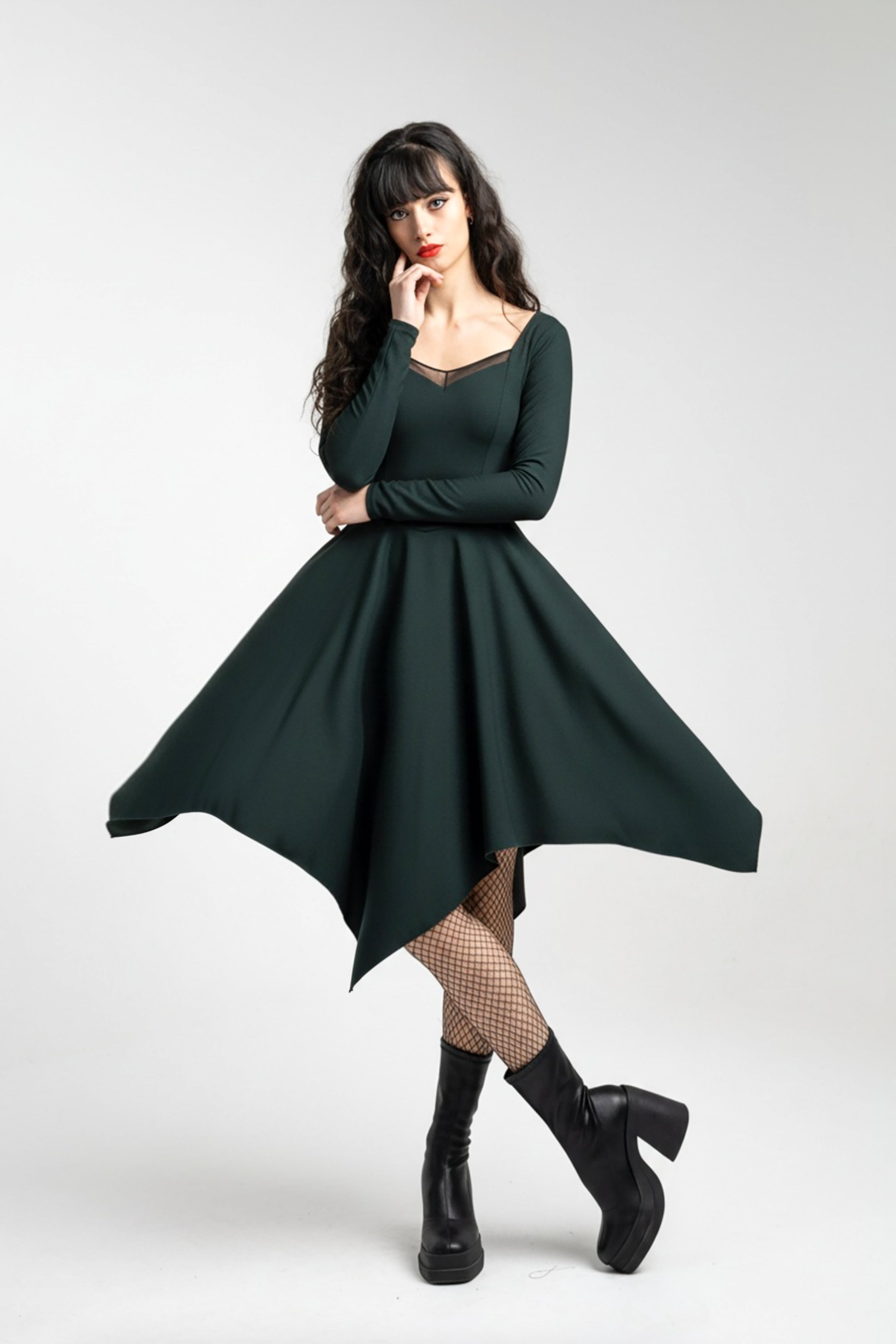 Teal coset asymmetric sleeve dress