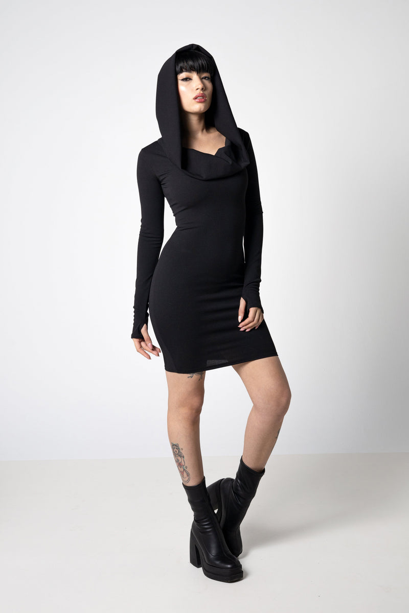 Cowl Hood Pencil Dress – Convertible Off-Shoulder Draped Neckline