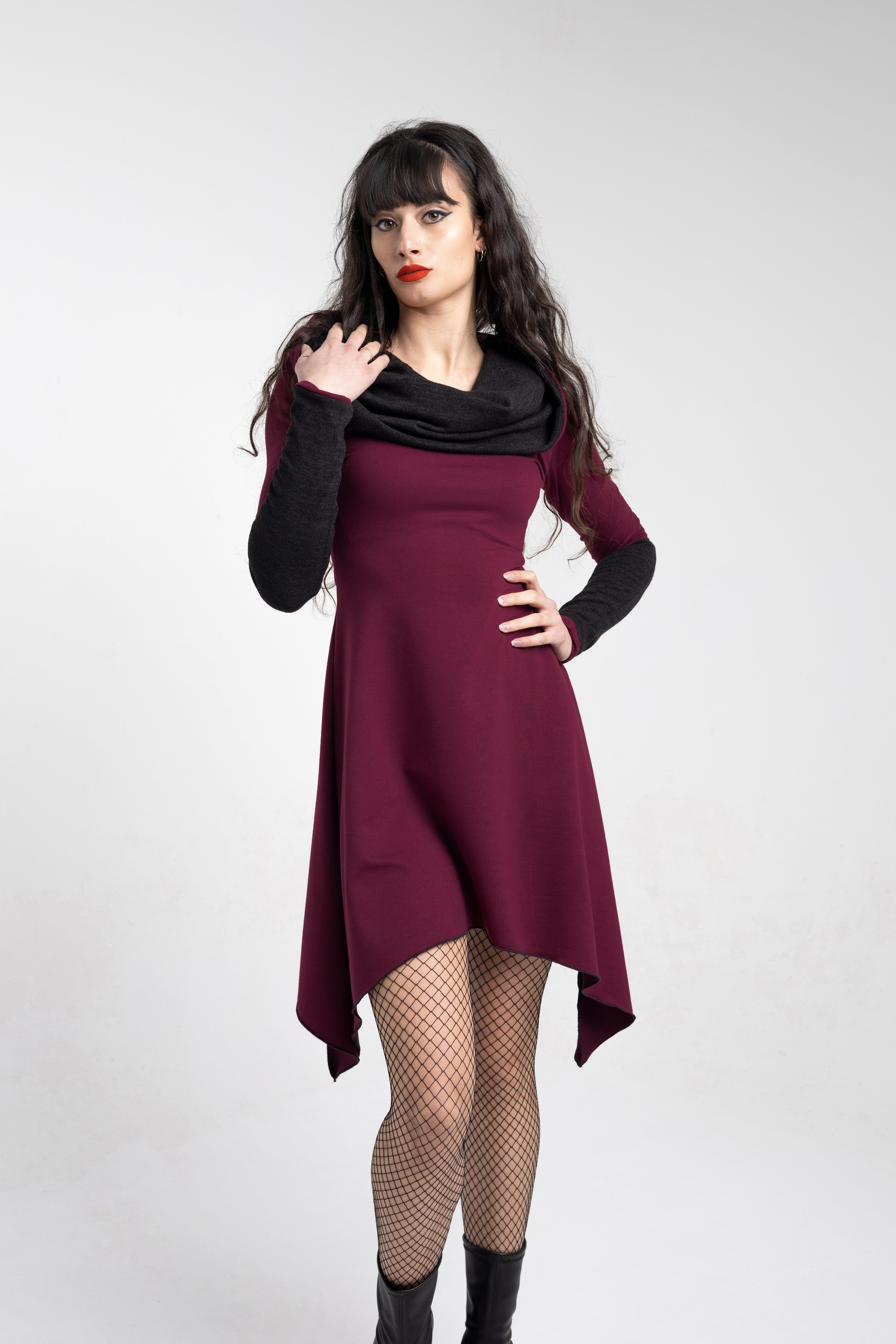 Burgundy Cowl neck fairy goth tunic dress - BORDEAUX / XL Burgundy Cowl neck fairy goth tunic dress - BORDEAUX / XL