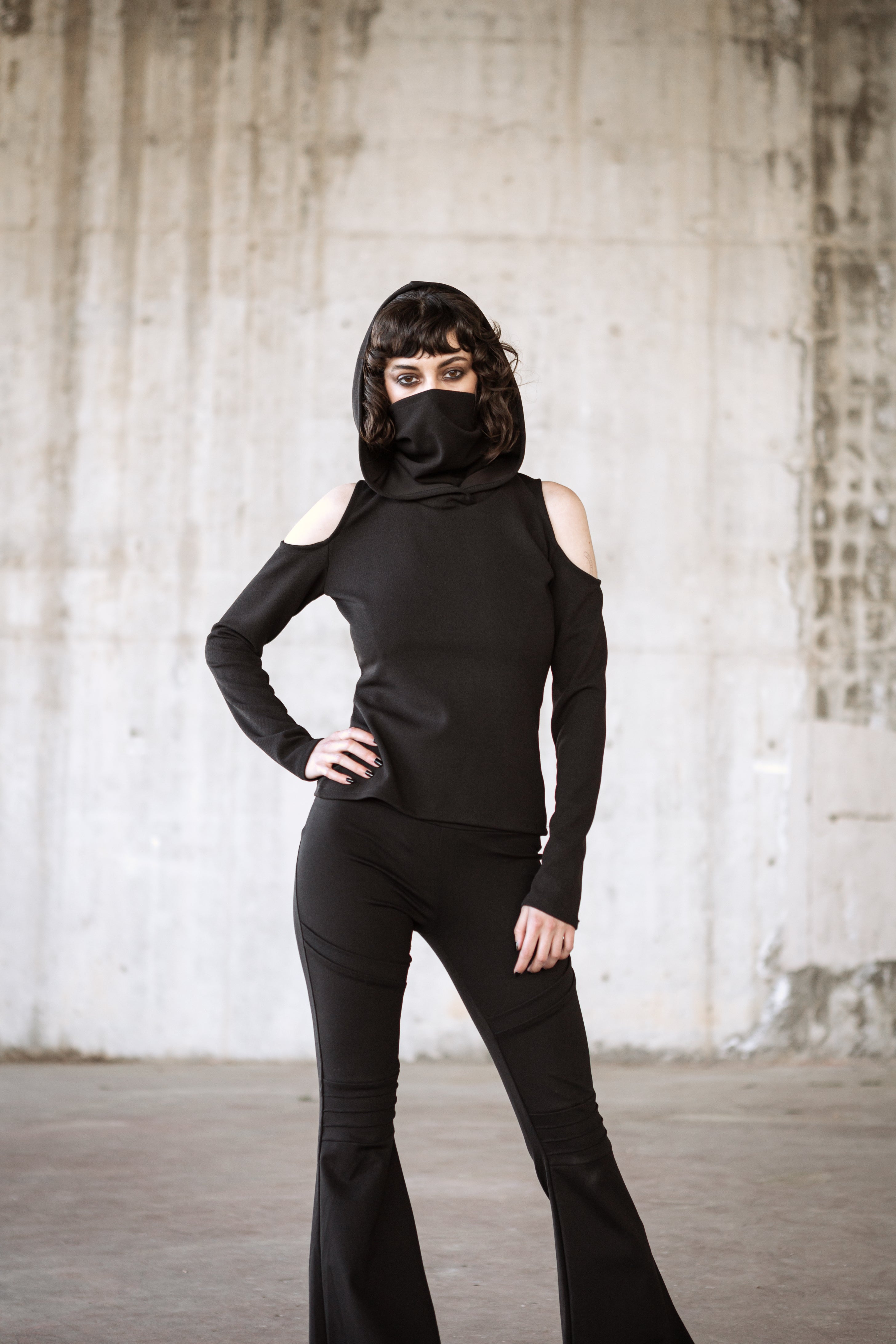 Black Gothic Elven Hoodie with Face Mask – Grunge Festival Long Sleeve Top