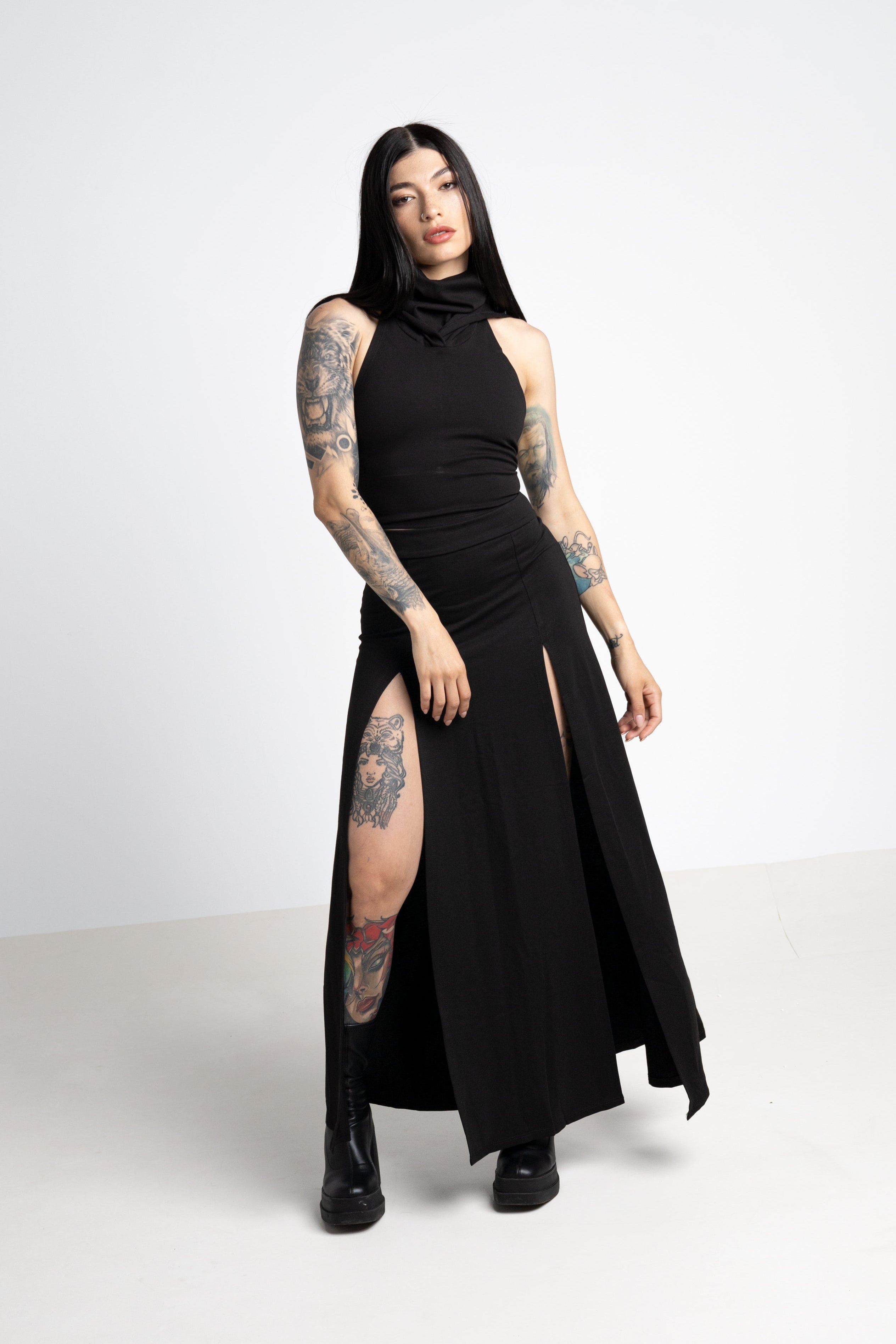 Black Maxi Skirt with Double Front Slits – Festival Wear- ABSTRACTIKA