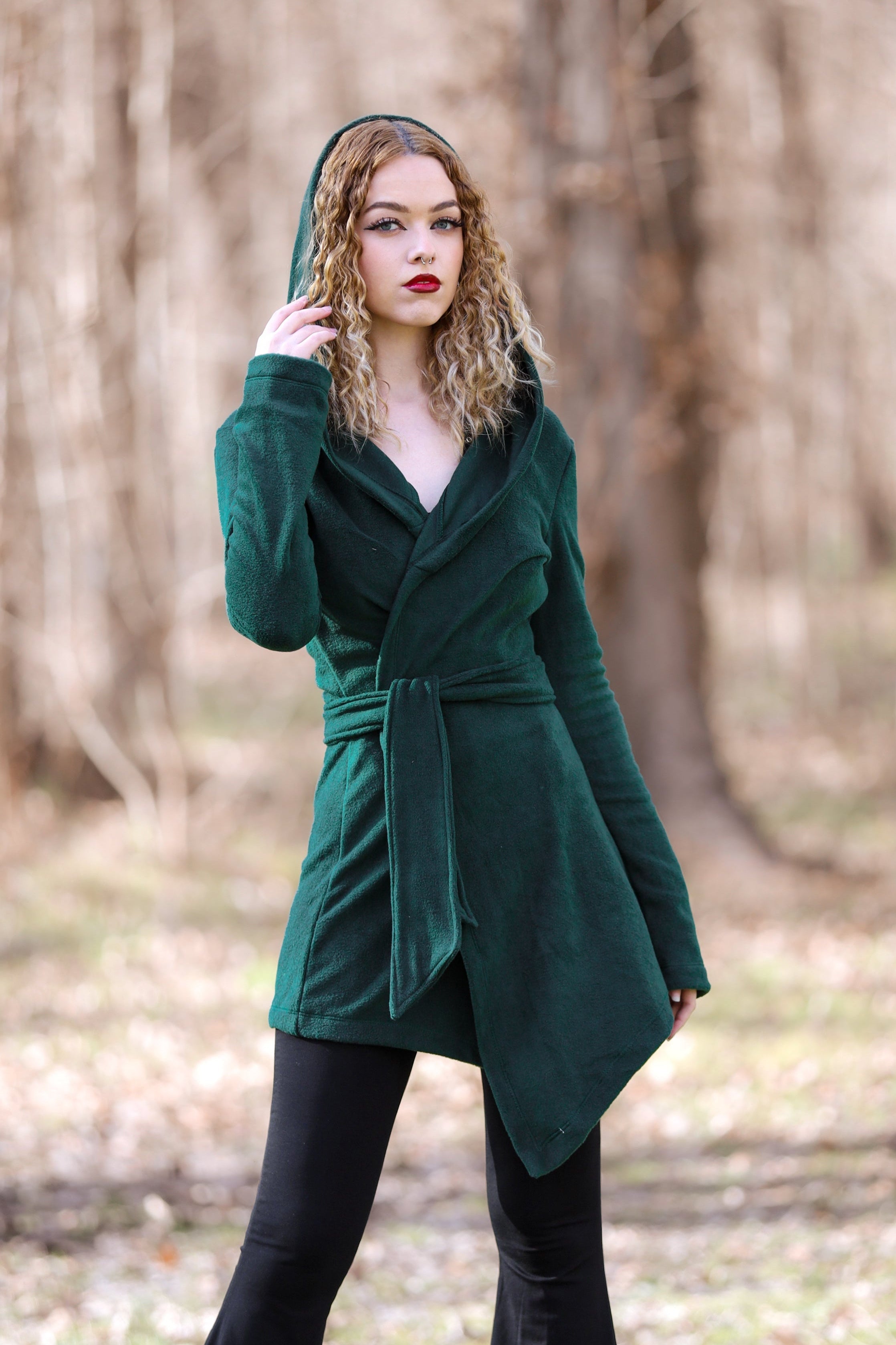 Emerald green Hooded Elven Wrap Cloak – Asymmetrical Fleece Cape with Maxi Hood
