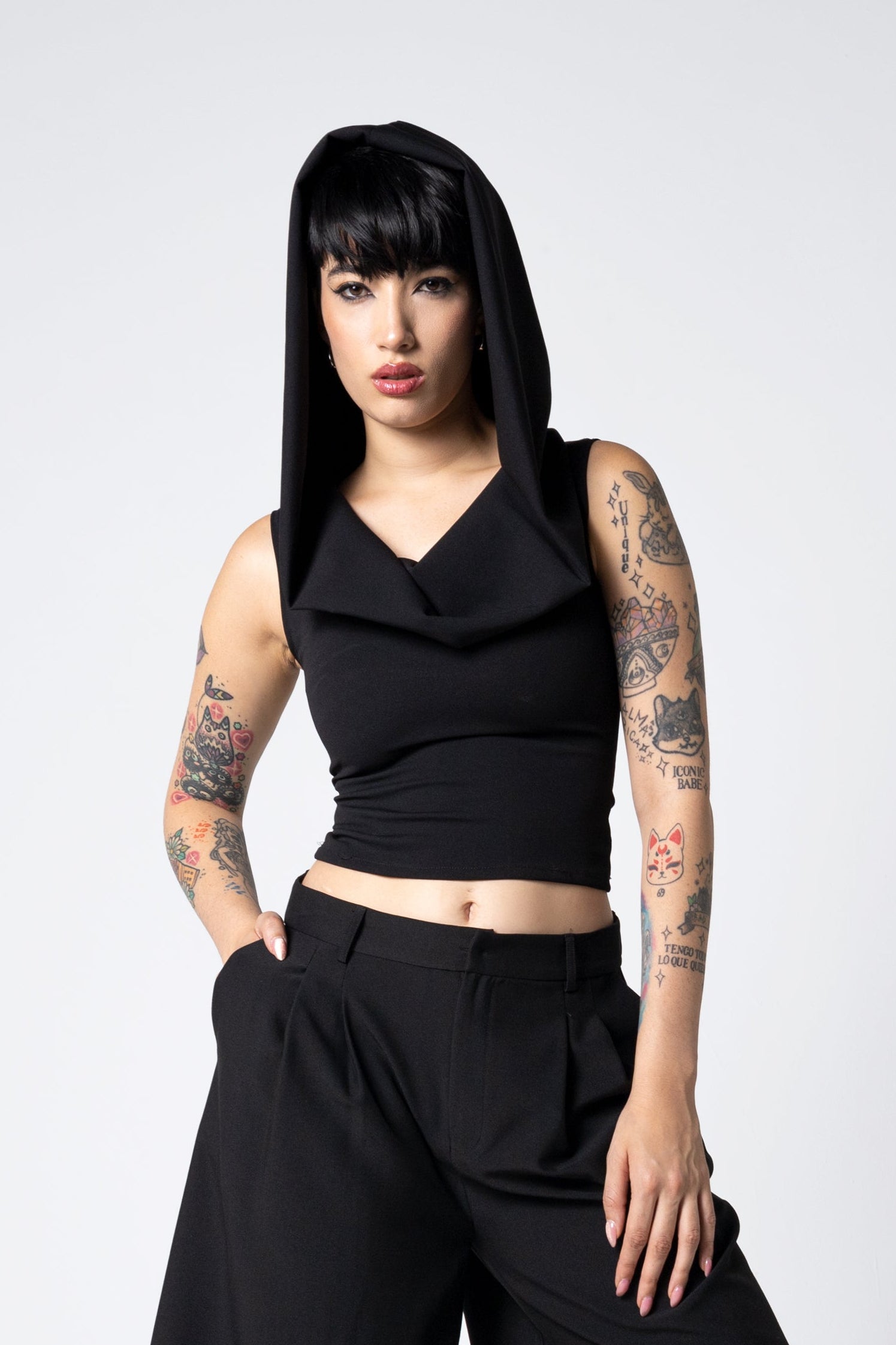 Dramatic Hood Scuba Crepe Top - Cowl neck tank