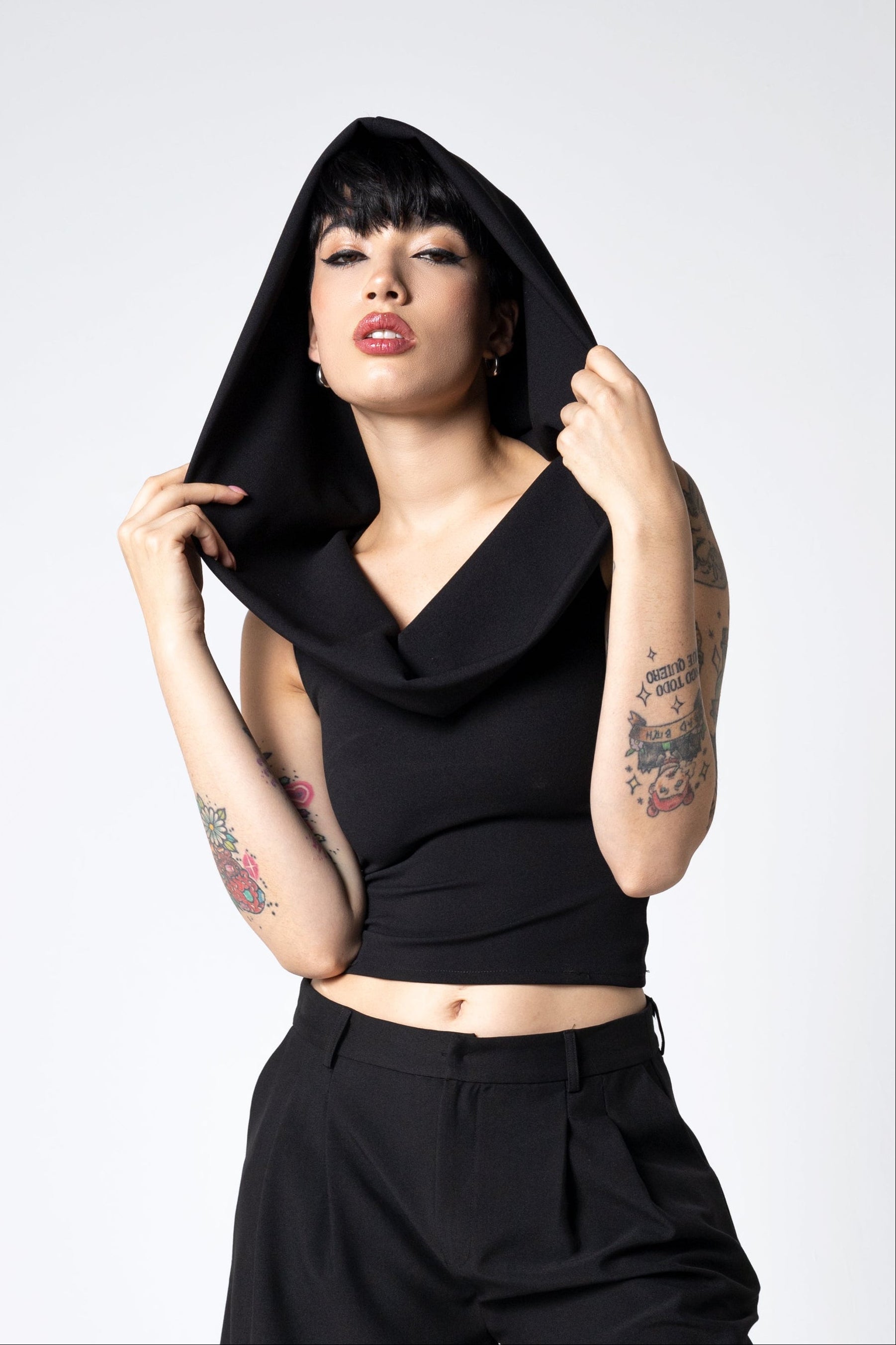 Dramatic Hood Scuba Crepe Top - Cowl neck tank