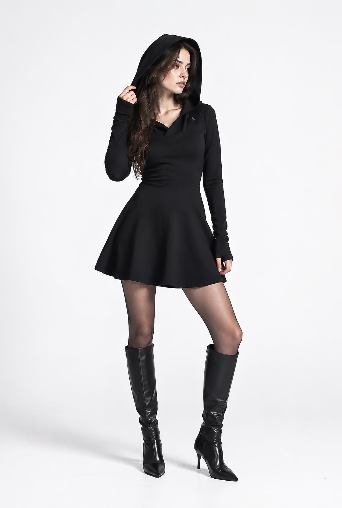 Lilith hooded skater dress with long sleeve and thumbholes