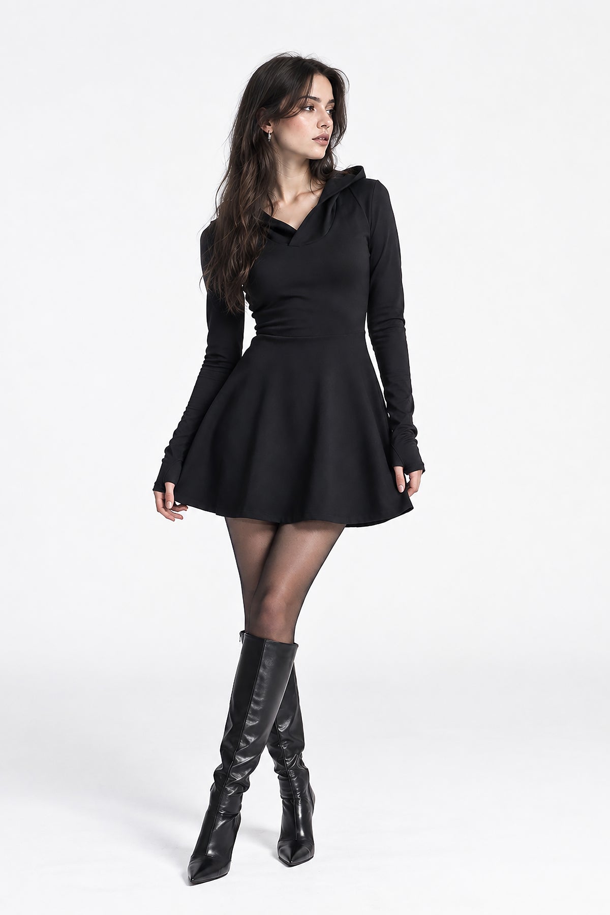 Lilith hooded skater dress with long sleeve and thumbholes