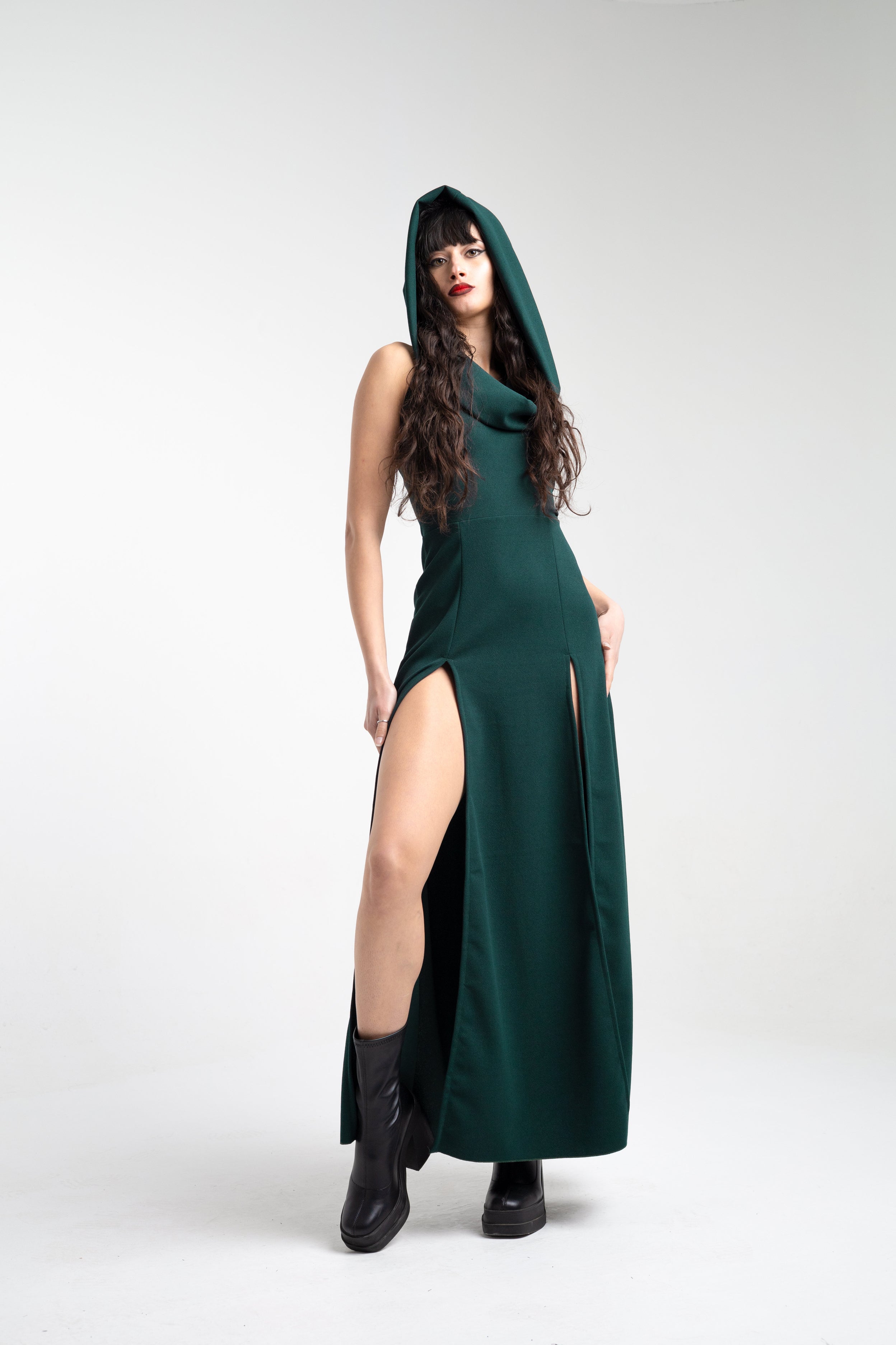 Cowl hooded double front slit maxi dress - Emerald green