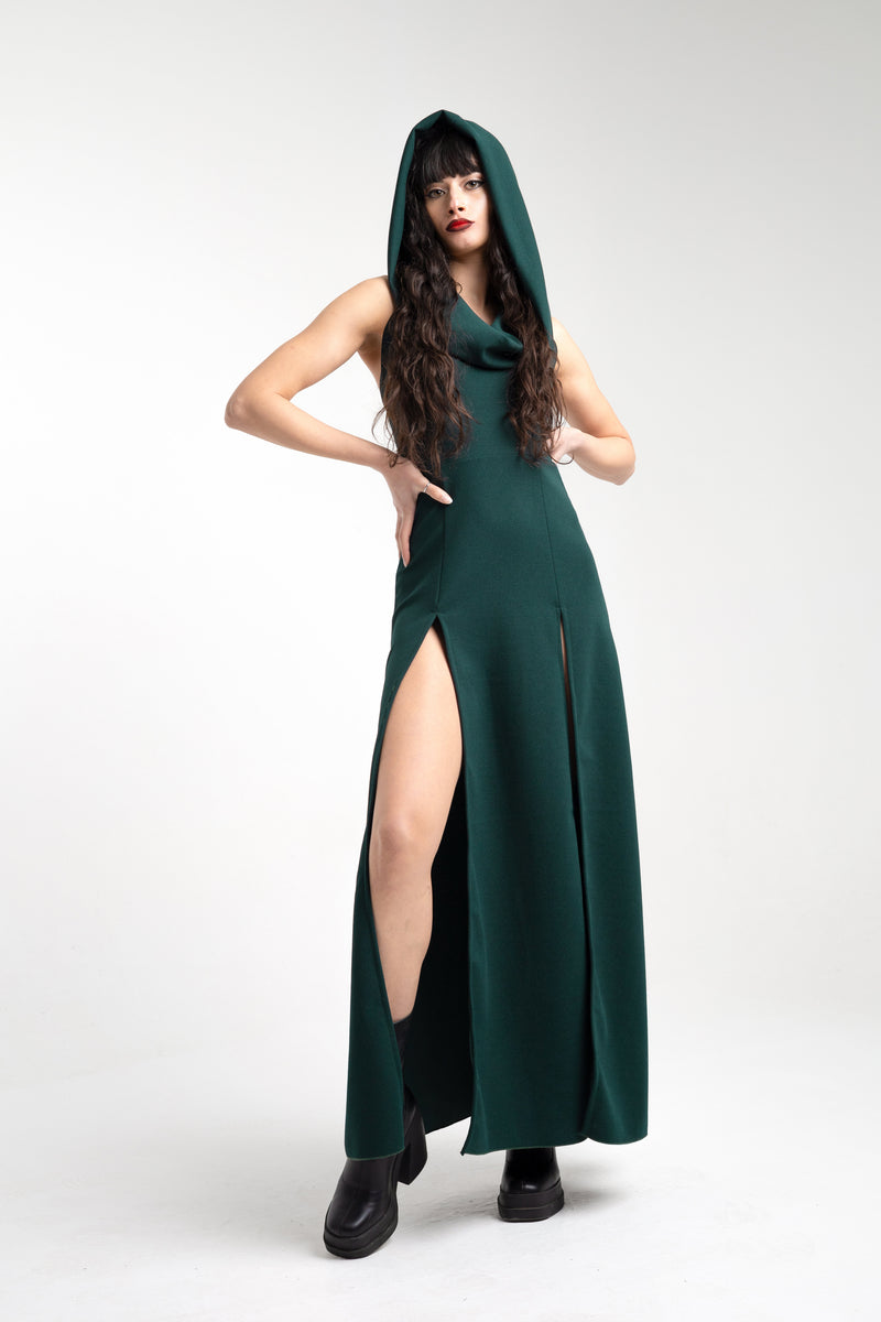 Cowl hooded double front slit maxi dress - Emerald green