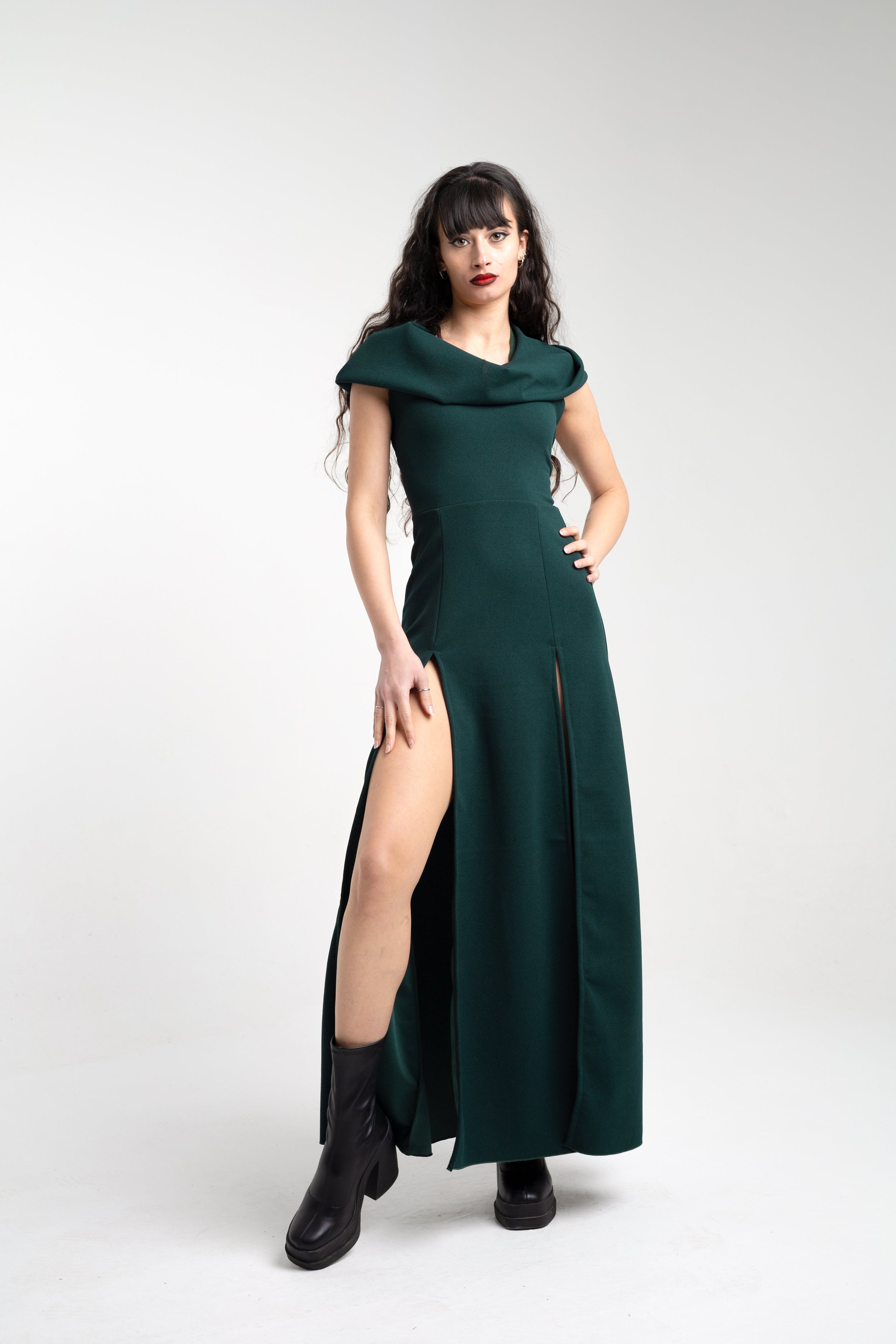 Cowl hooded double front slit maxi dress - Emerald green