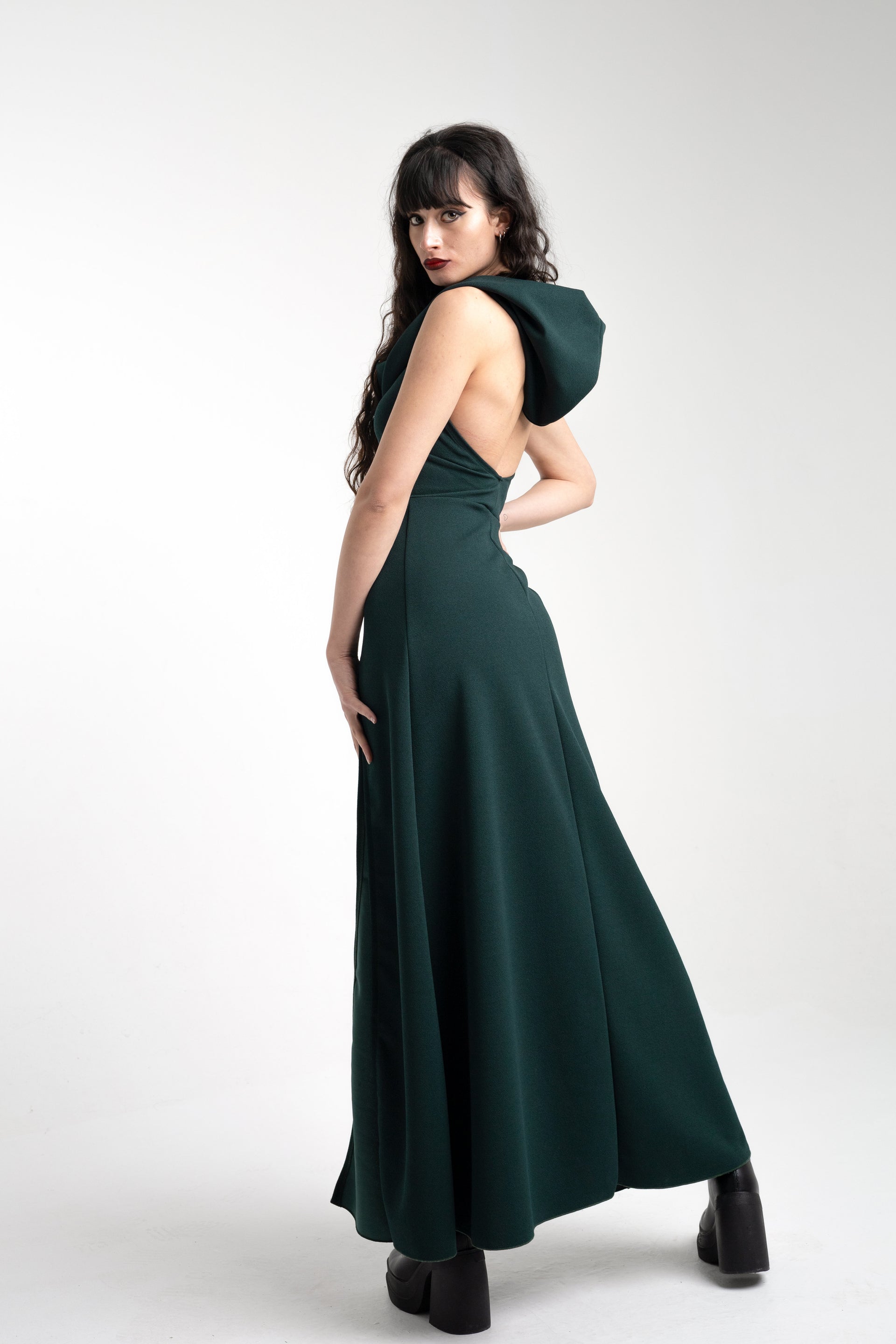 Cowl hooded double front slit maxi dress - Emerald green Negro / XL