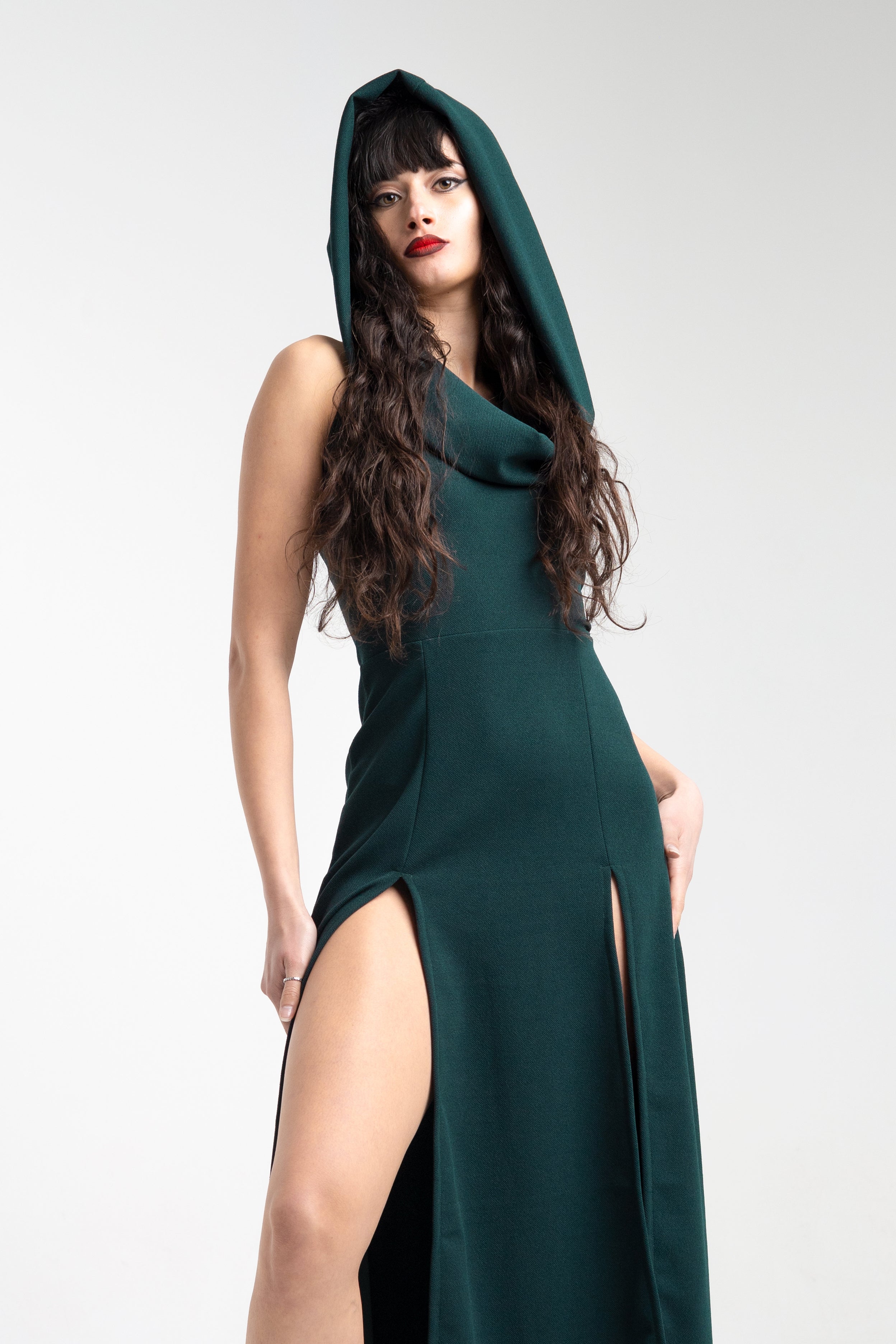 Cowl hooded double front slit maxi dress - Emerald green